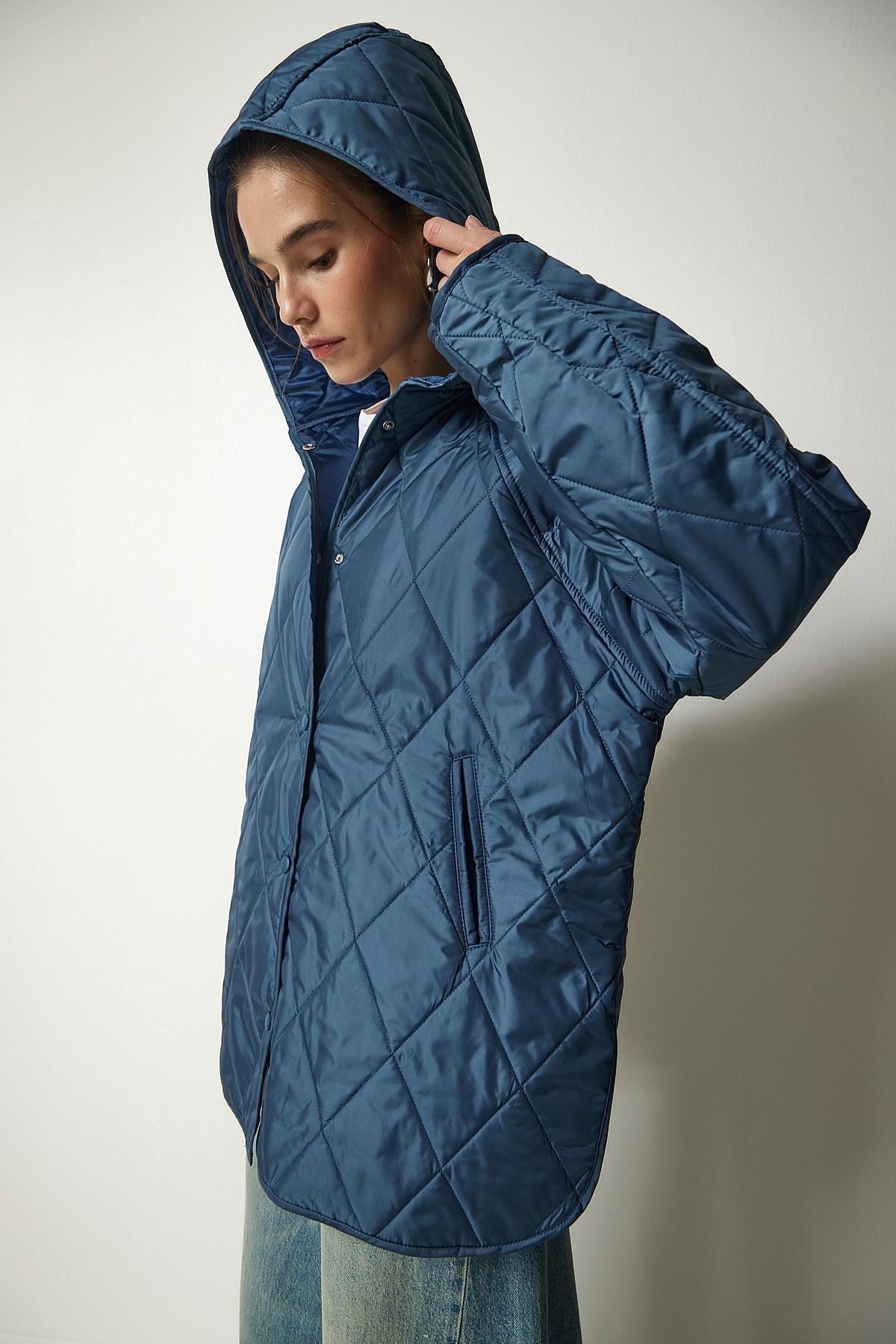 Blue Hooded Quilted Oversize Coat, INDIGO BLUE, large image number 3