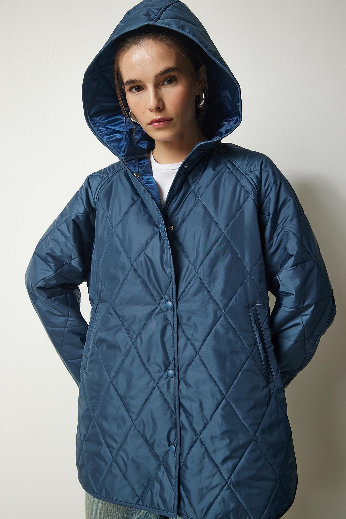 Blue Hooded Quilted Oversize Coat, INDIGO BLUE, large image number 4