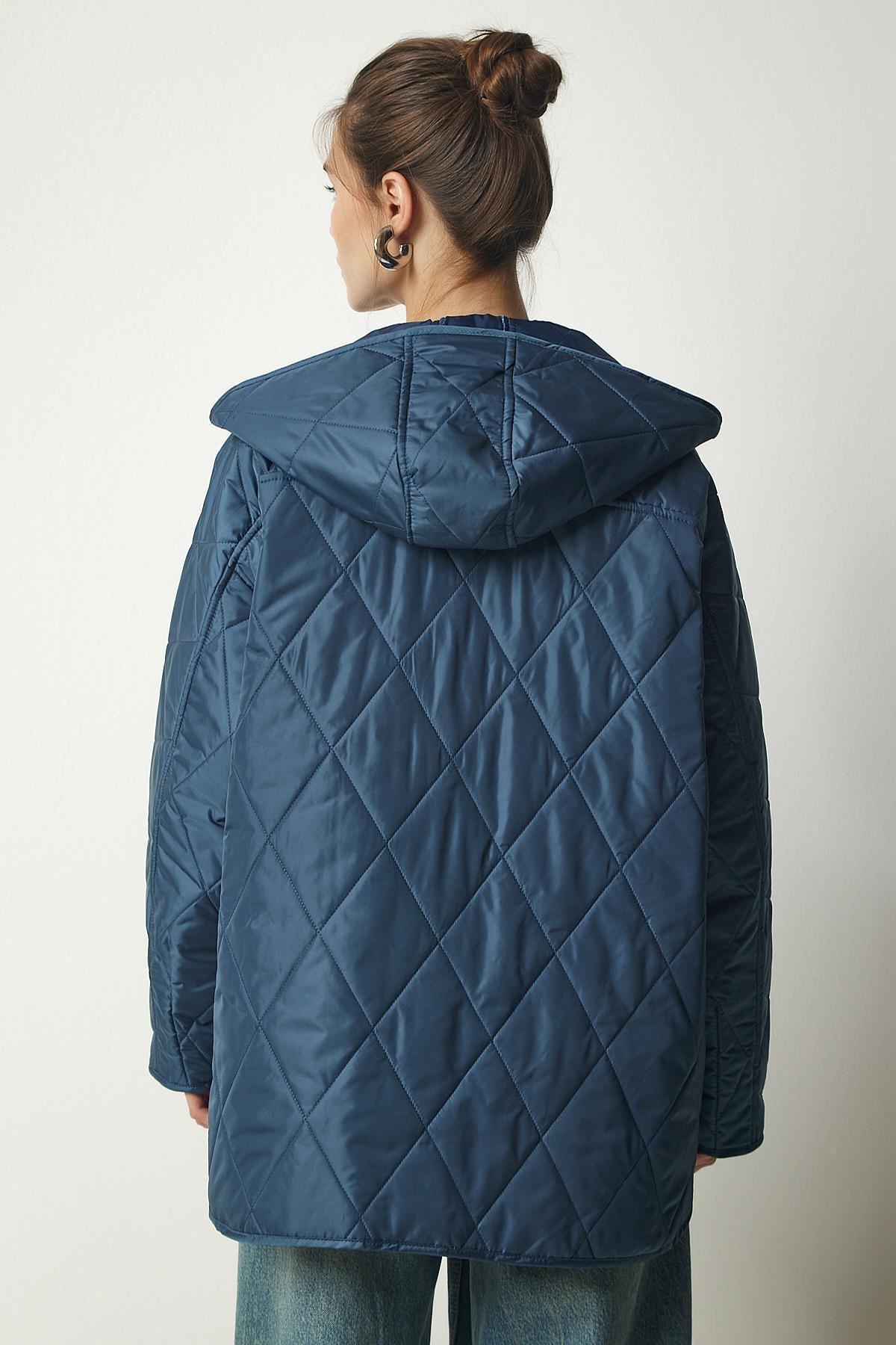 Blue Hooded Quilted Oversize Coat, INDIGO BLUE, large image number 5