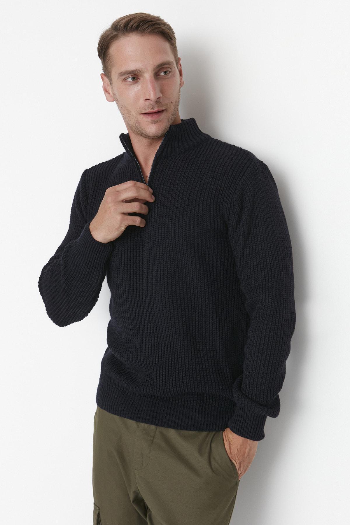 Black High Neck Sweater, Dark blue, medium