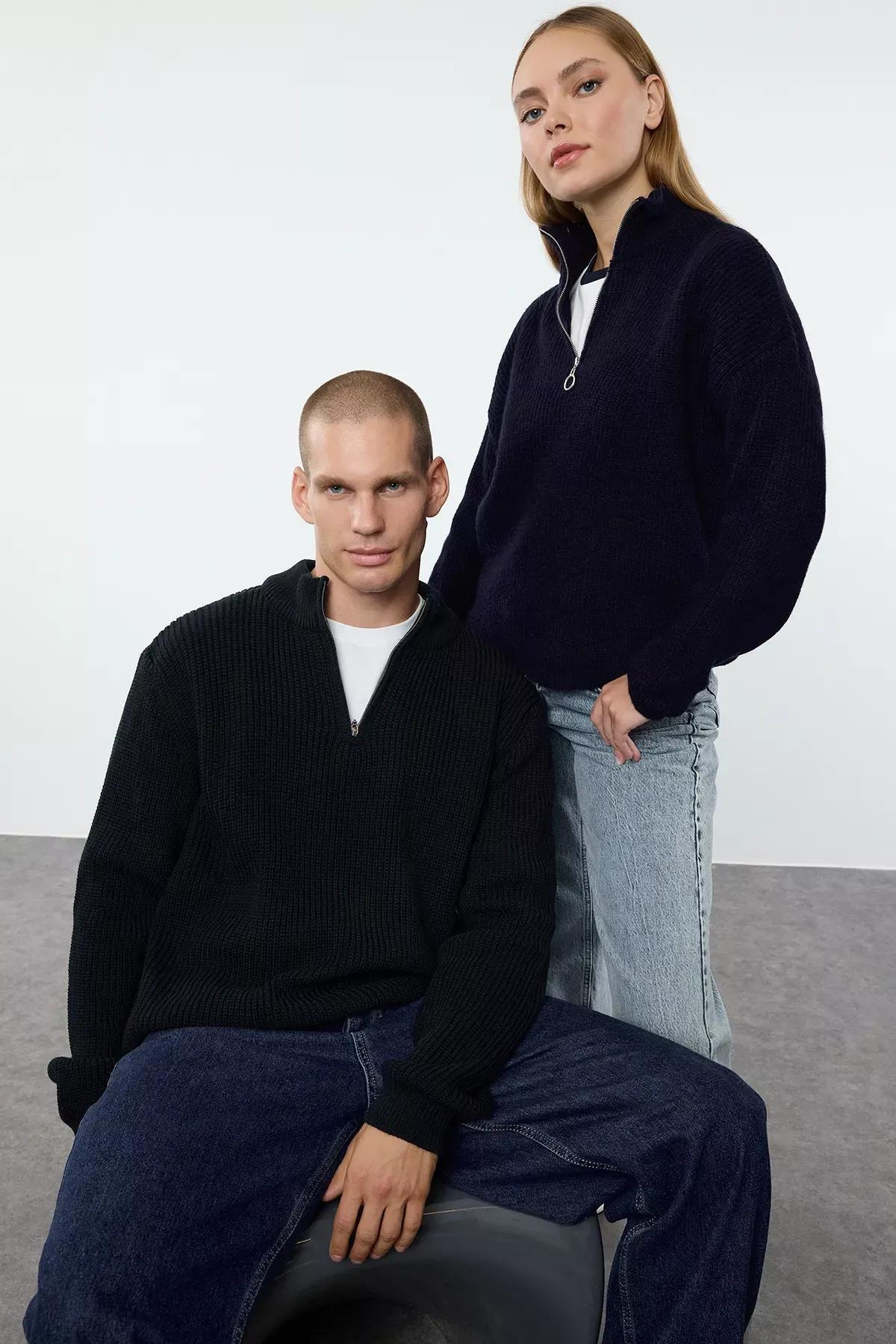 Black High Neck Sweater, Dark blue, medium