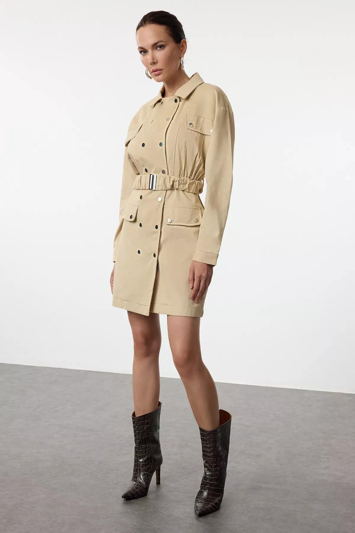 Beige Belted Buttoned Jacket Dress, STONE, medium