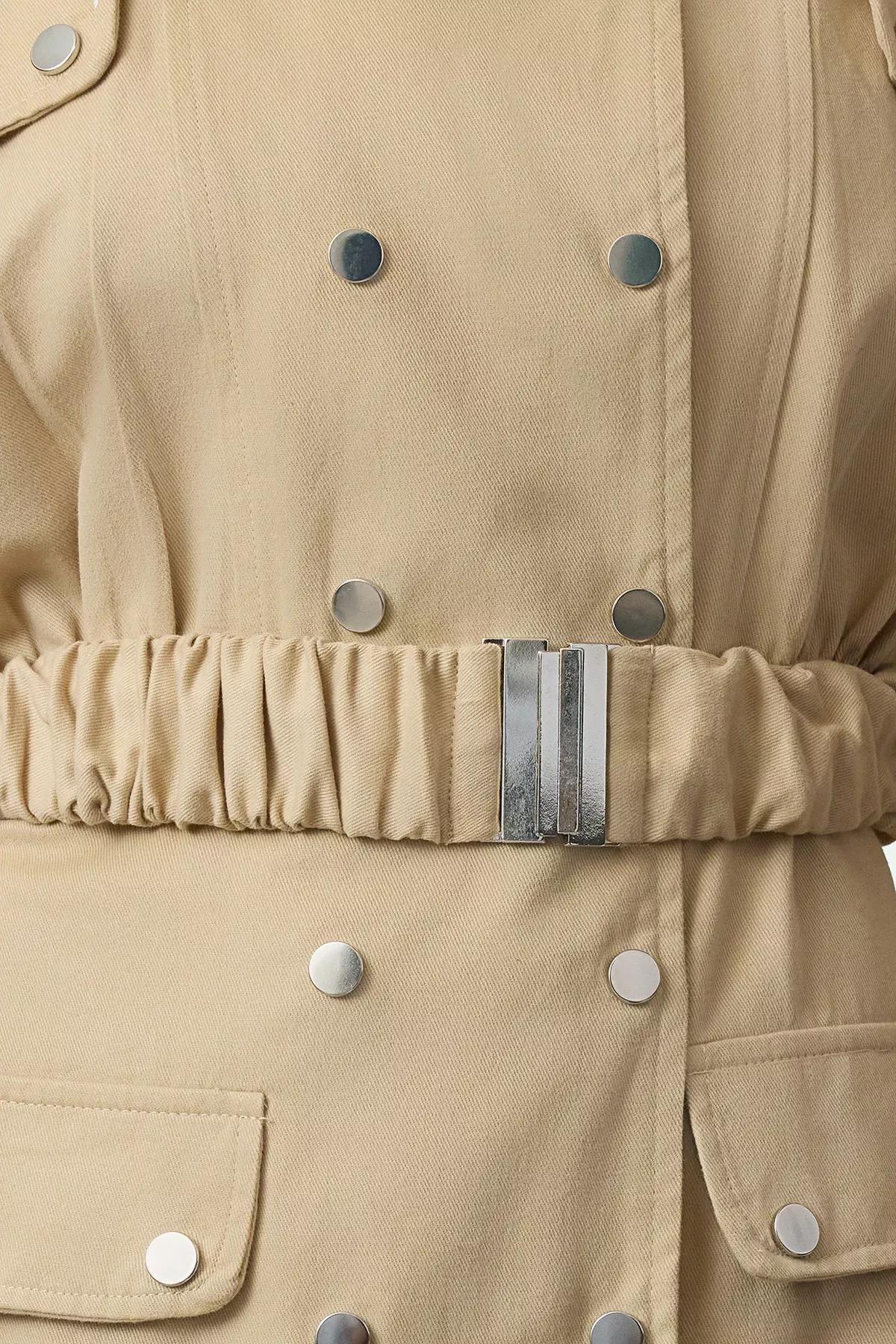 Beige Belted Buttoned Jacket Dress, STONE, medium