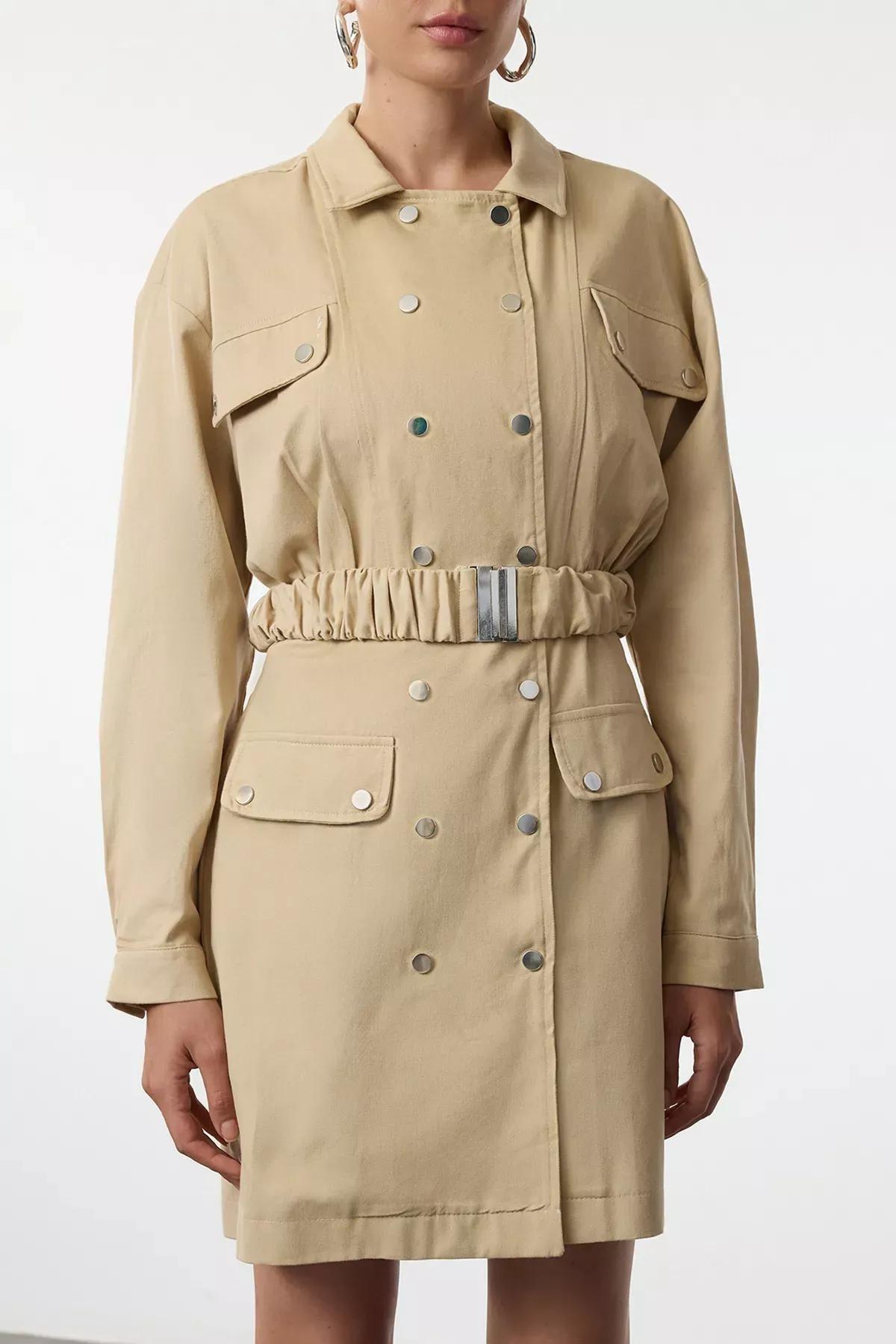 Beige Belted Buttoned Jacket Dress, STONE, large image number 2