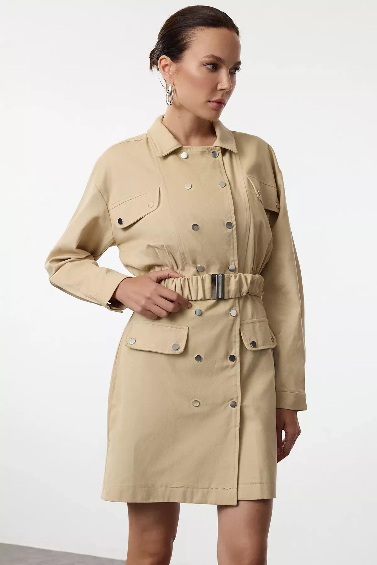 Beige Belted Buttoned Jacket Dress, STONE, large image number 3