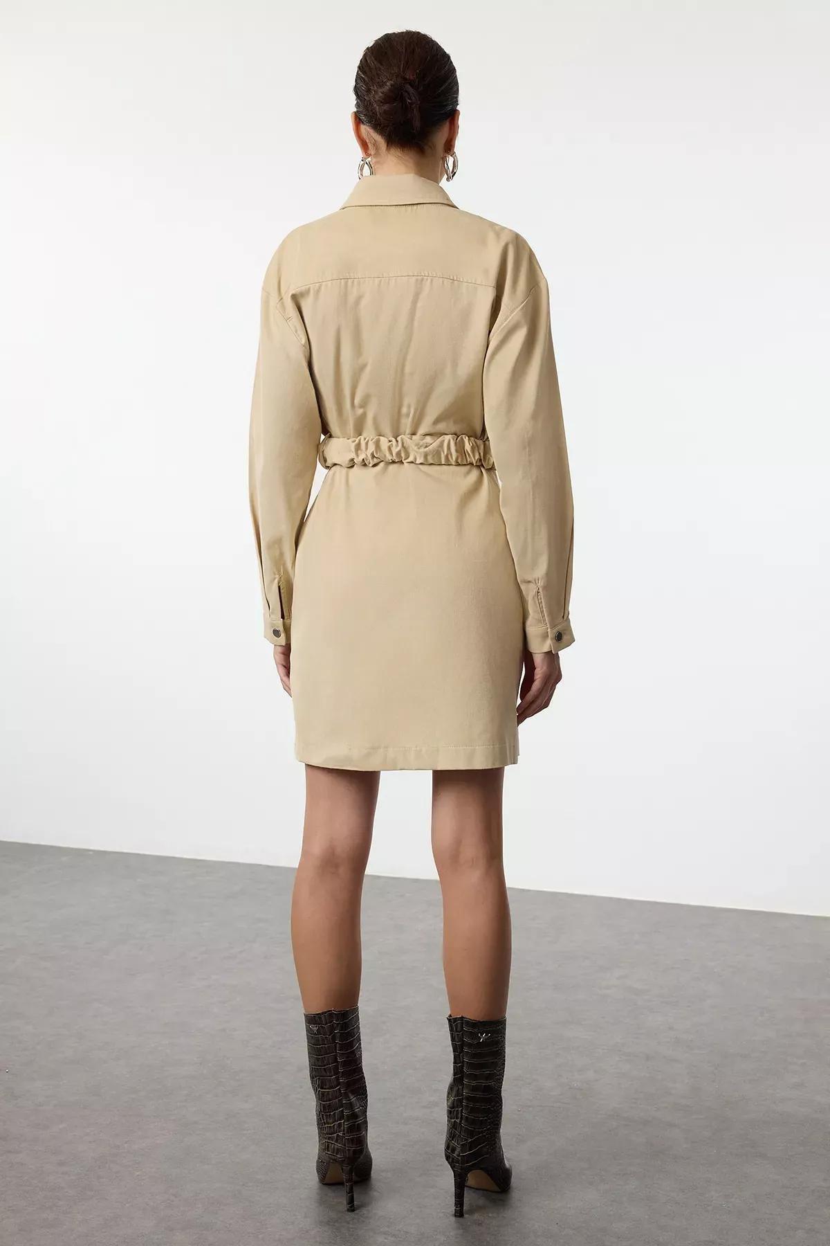 Beige Belted Buttoned Jacket Dress, STONE, large image number 4