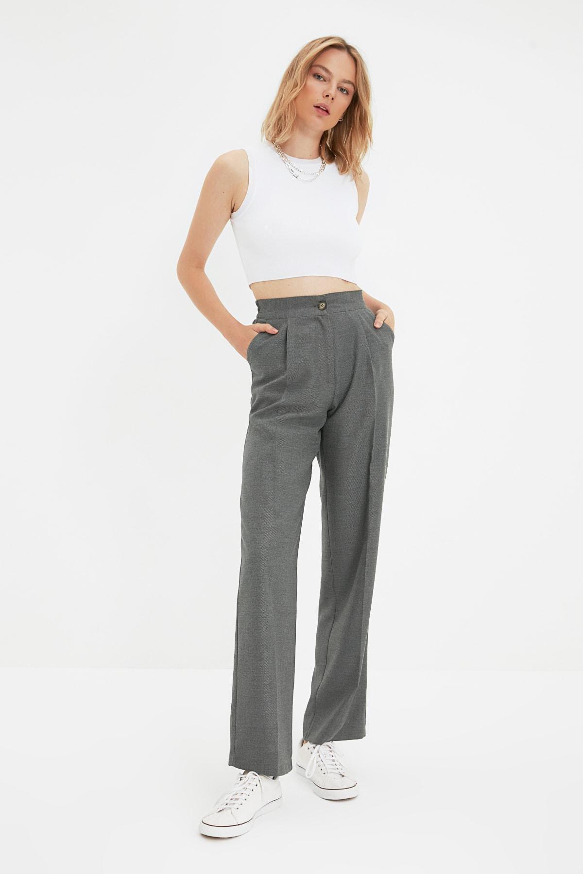 Grey Straight High Waist Pants, , large image number 0