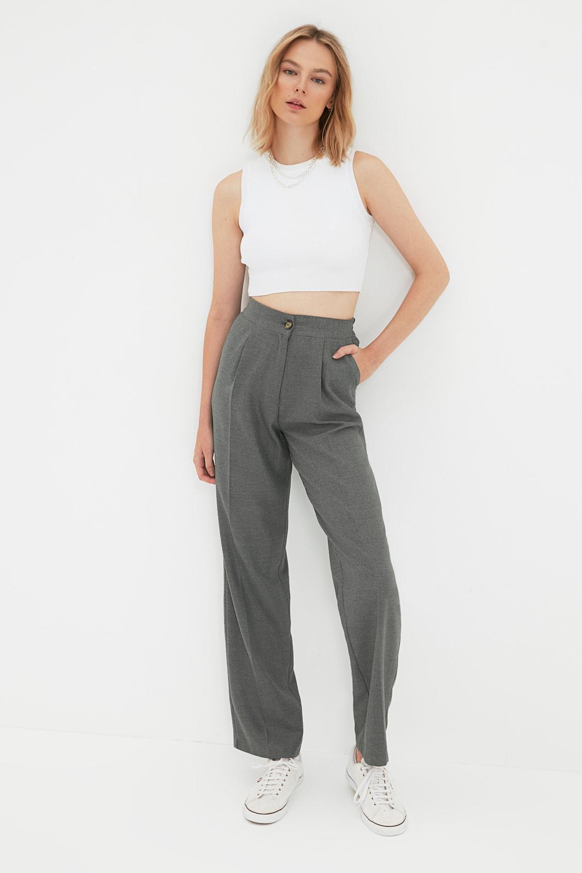 Grey Straight High Waist Pants, , large image number 1