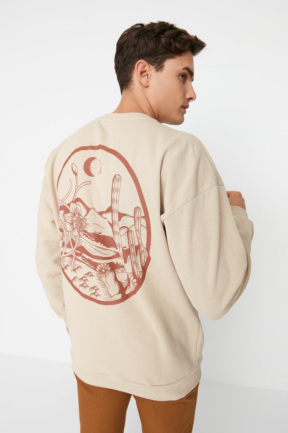 Trendyol - Beige Printed Oversize Sweatshirt