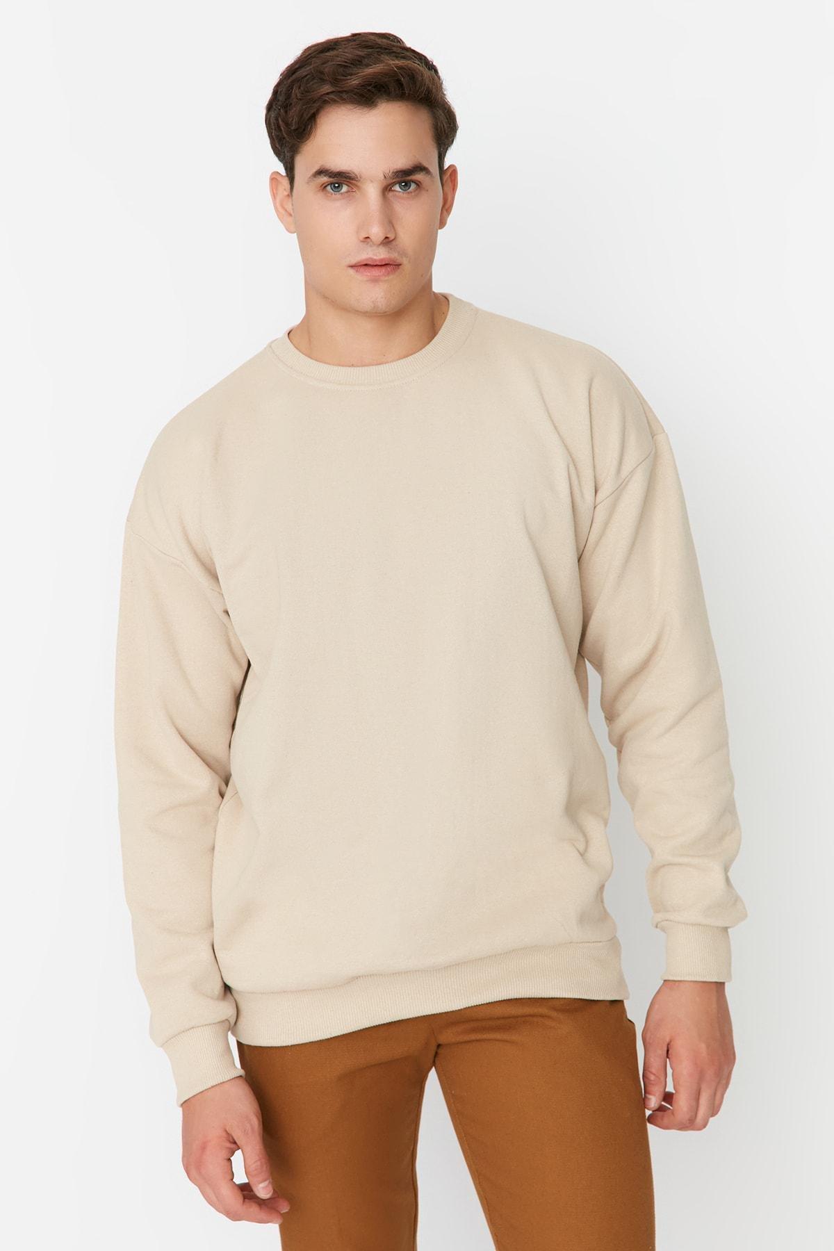 Trendyol - Beige Printed Oversize Sweatshirt