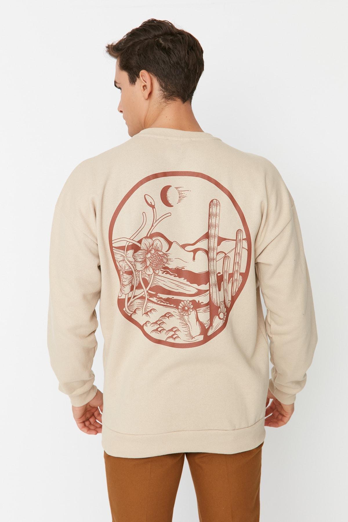 Trendyol - Beige Printed Oversize Sweatshirt