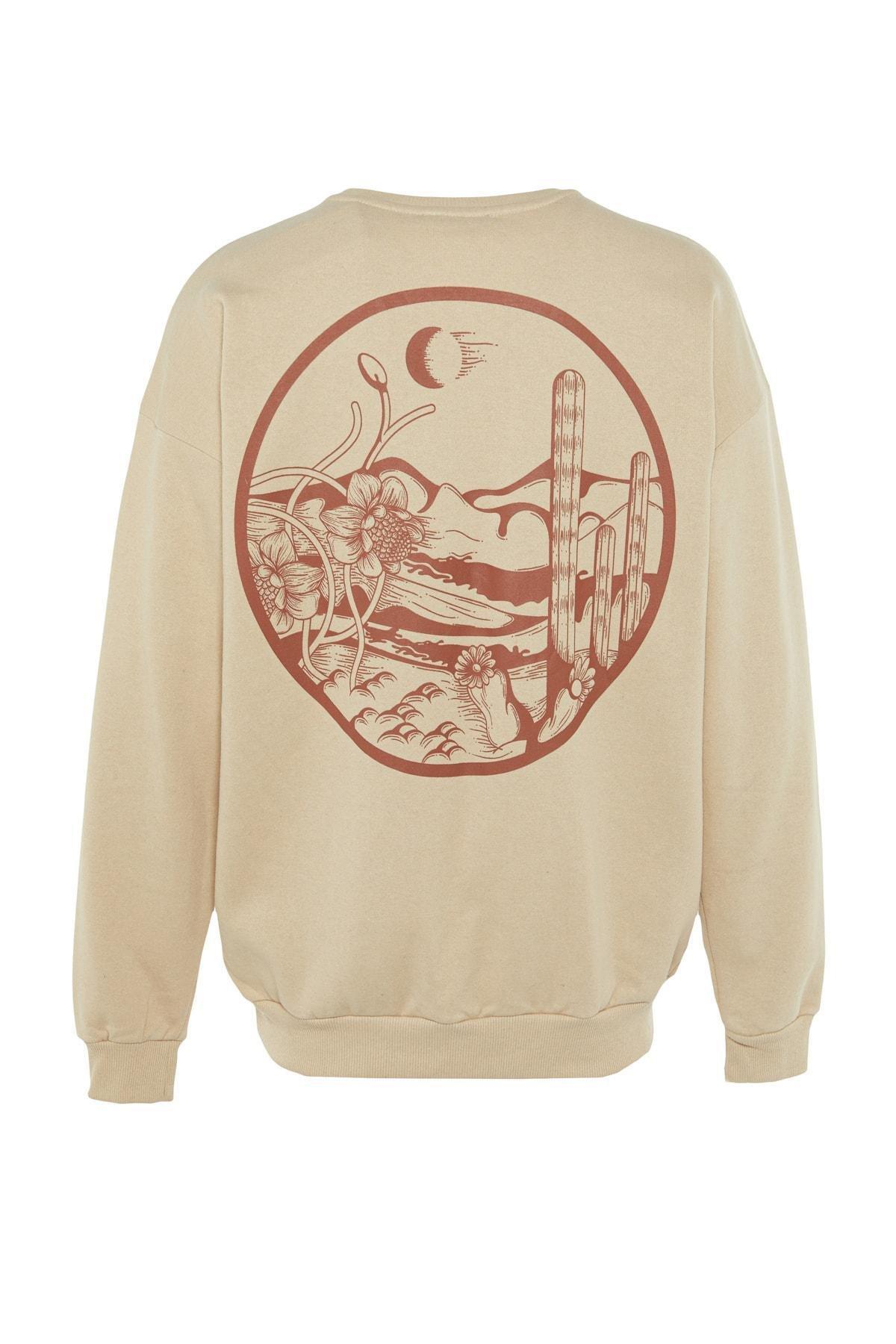 Trendyol - Beige Printed Oversize Sweatshirt