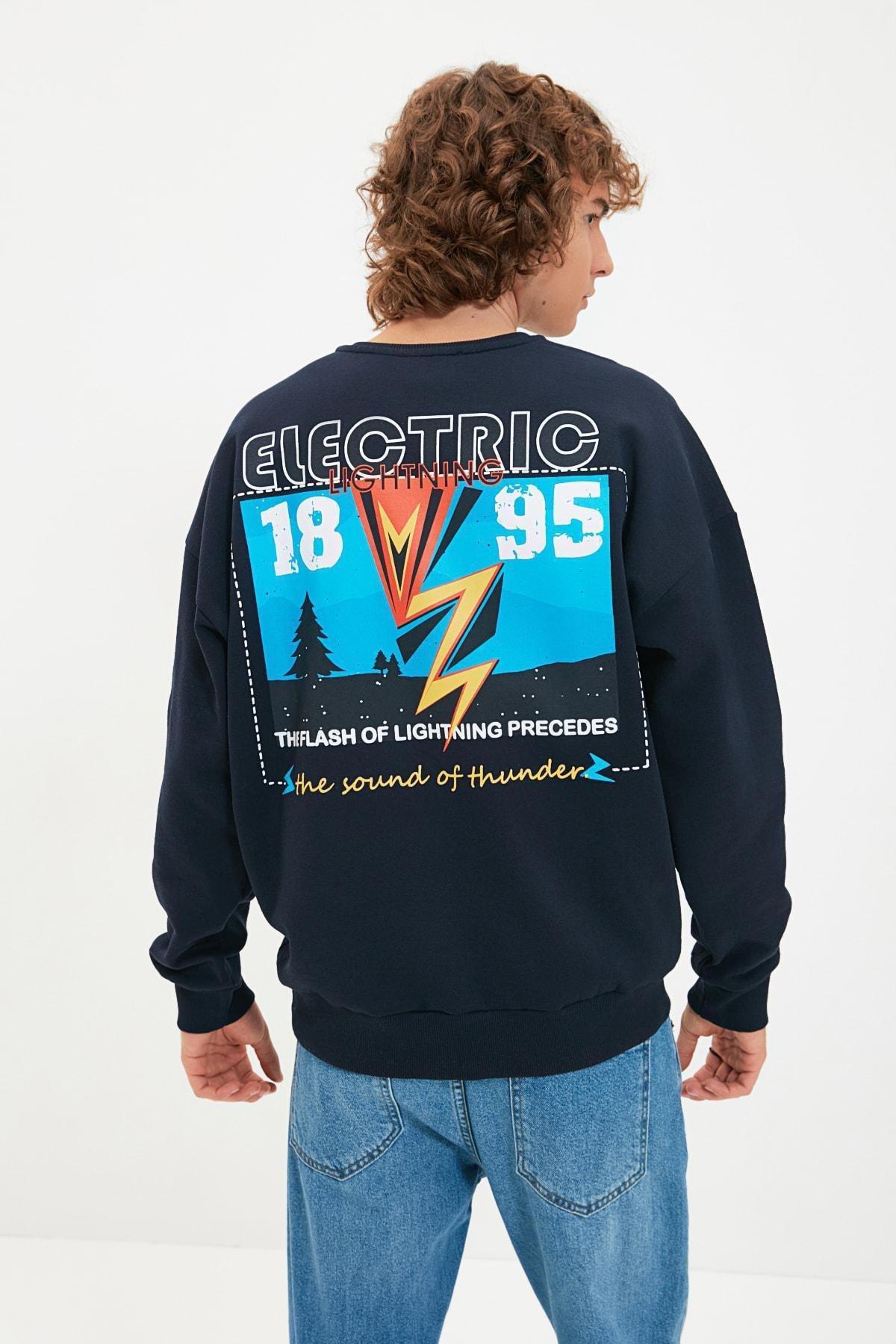 Navy Printed Oversize Crew Neck Sweatshirt, , large image number 0