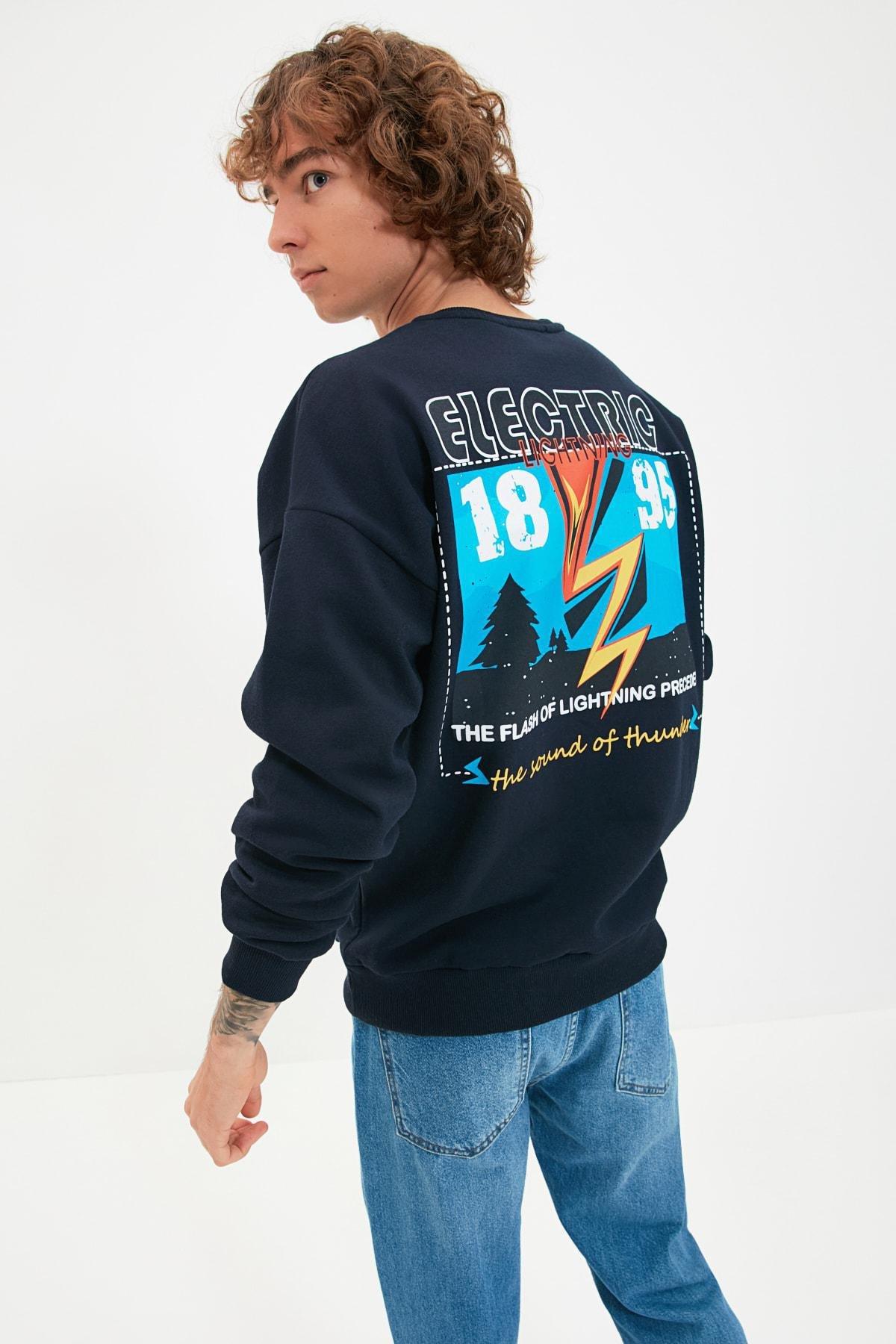 Trendyol - Navy Printed Oversize Crew Neck Sweatshirt