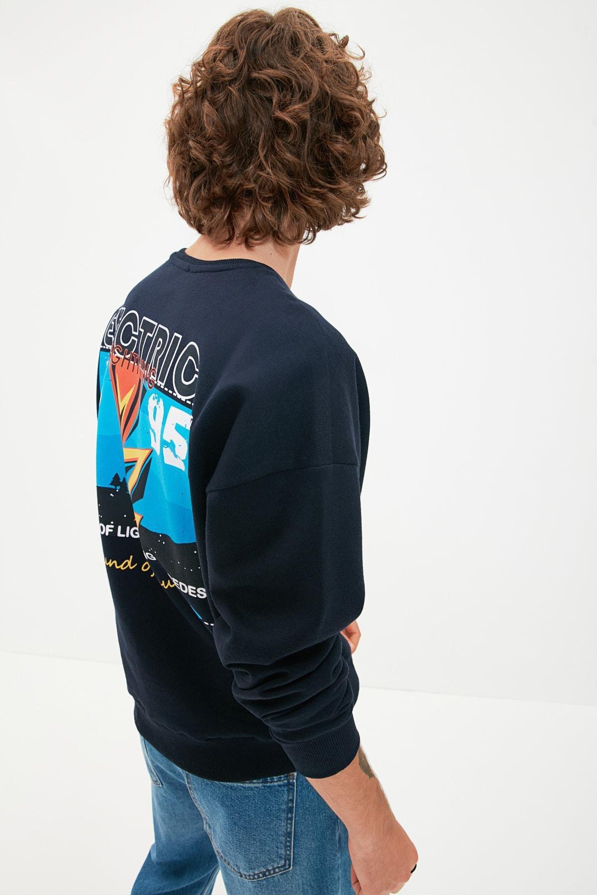 Trendyol - Navy Printed Oversize Crew Neck Sweatshirt