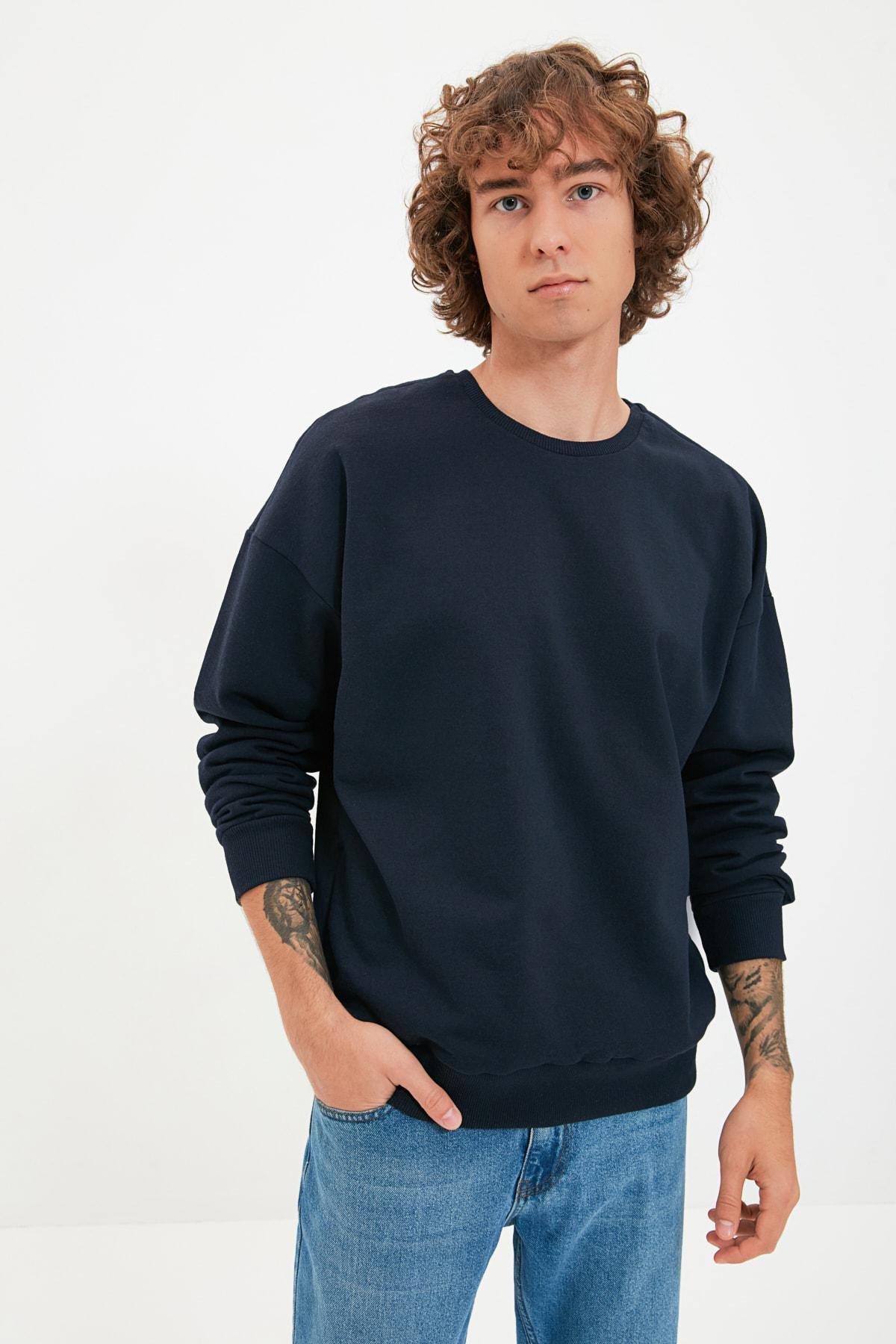 Trendyol - Navy Printed Oversize Crew Neck Sweatshirt