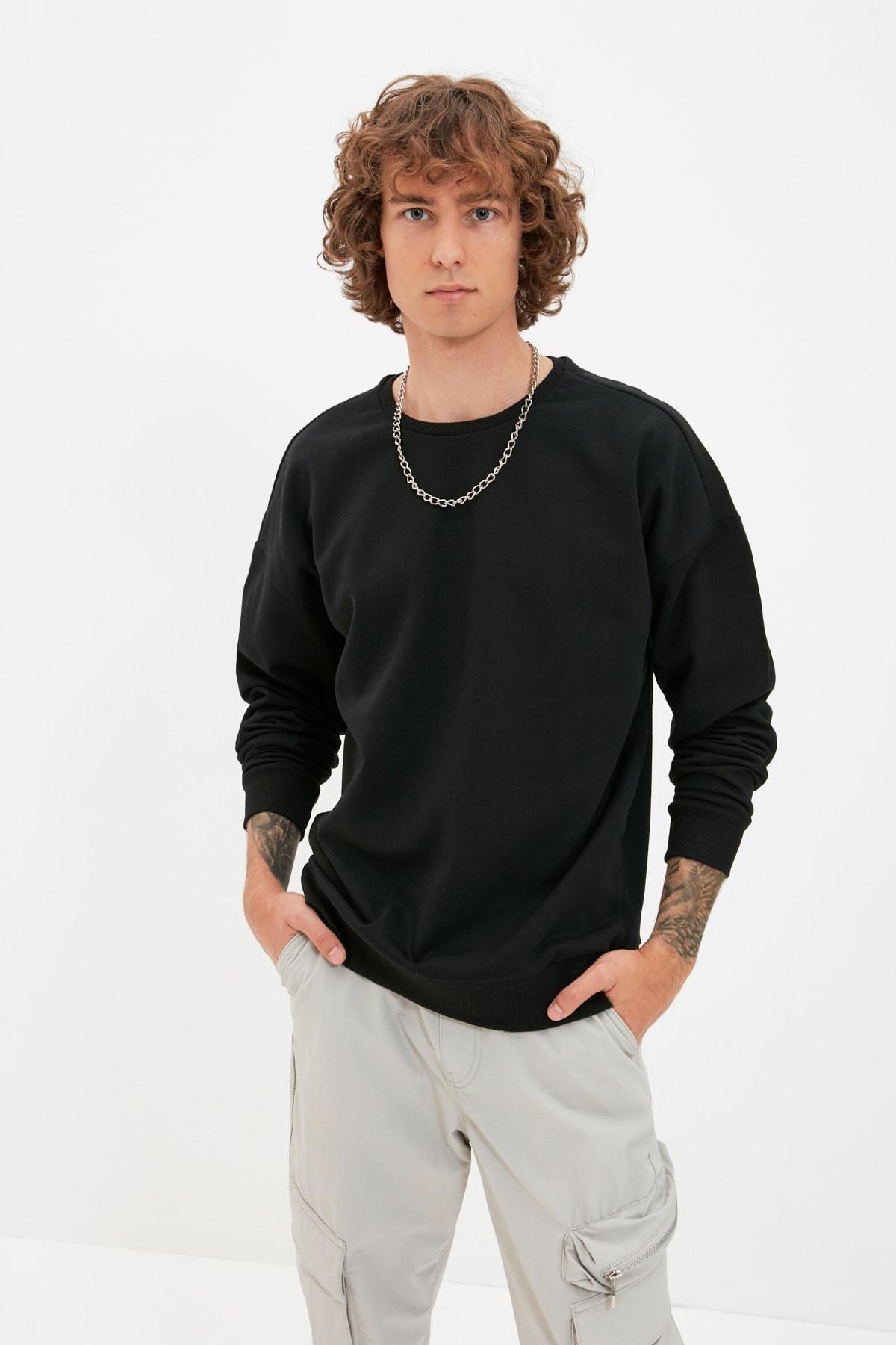 Trendyol - Black Oversize Printed Crew Neck Sweatshirt