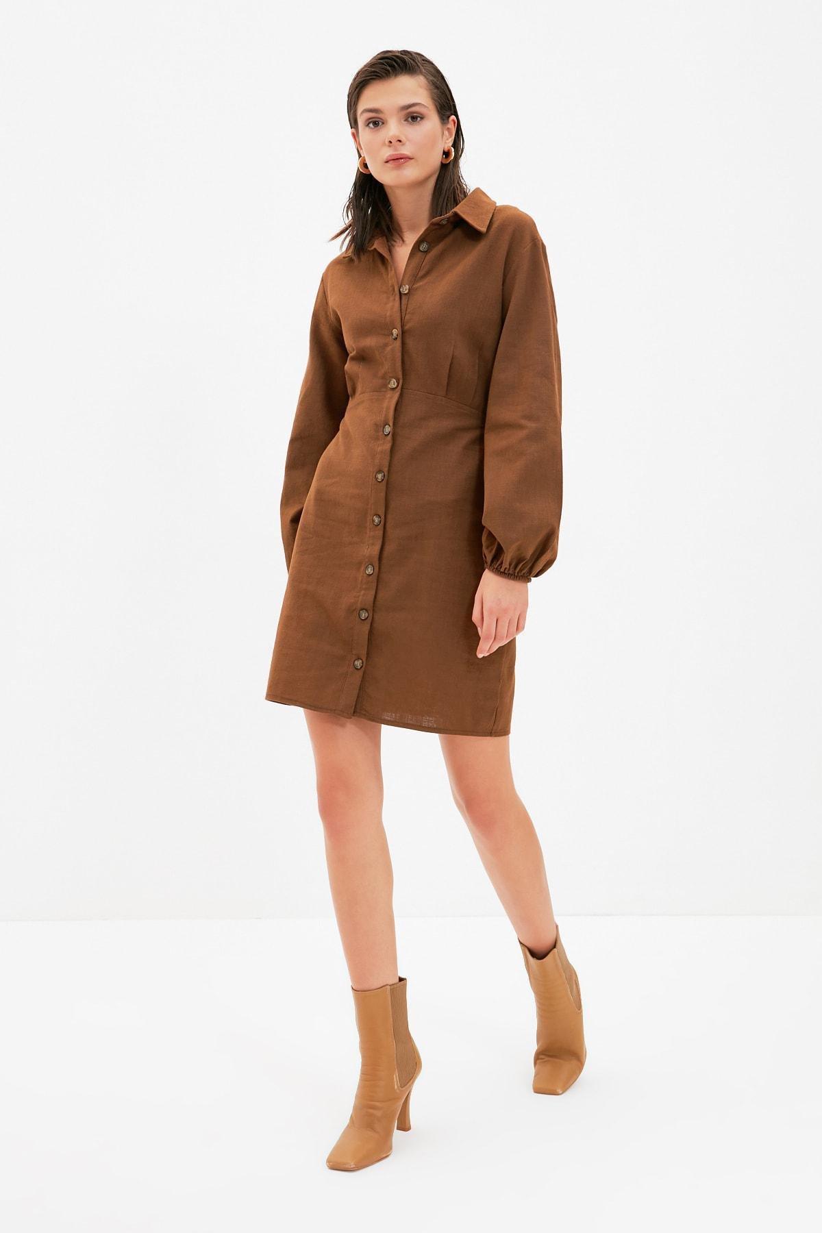 Trendyol - Brown Cotton Shirt Dress