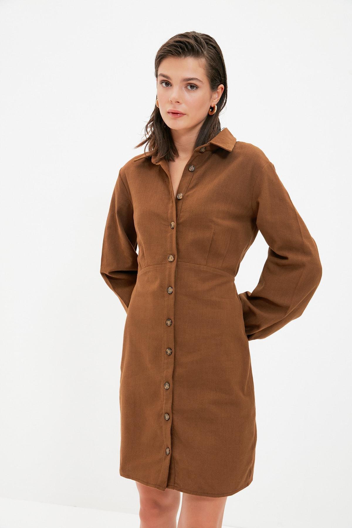 Trendyol - Brown Cotton Shirt Dress