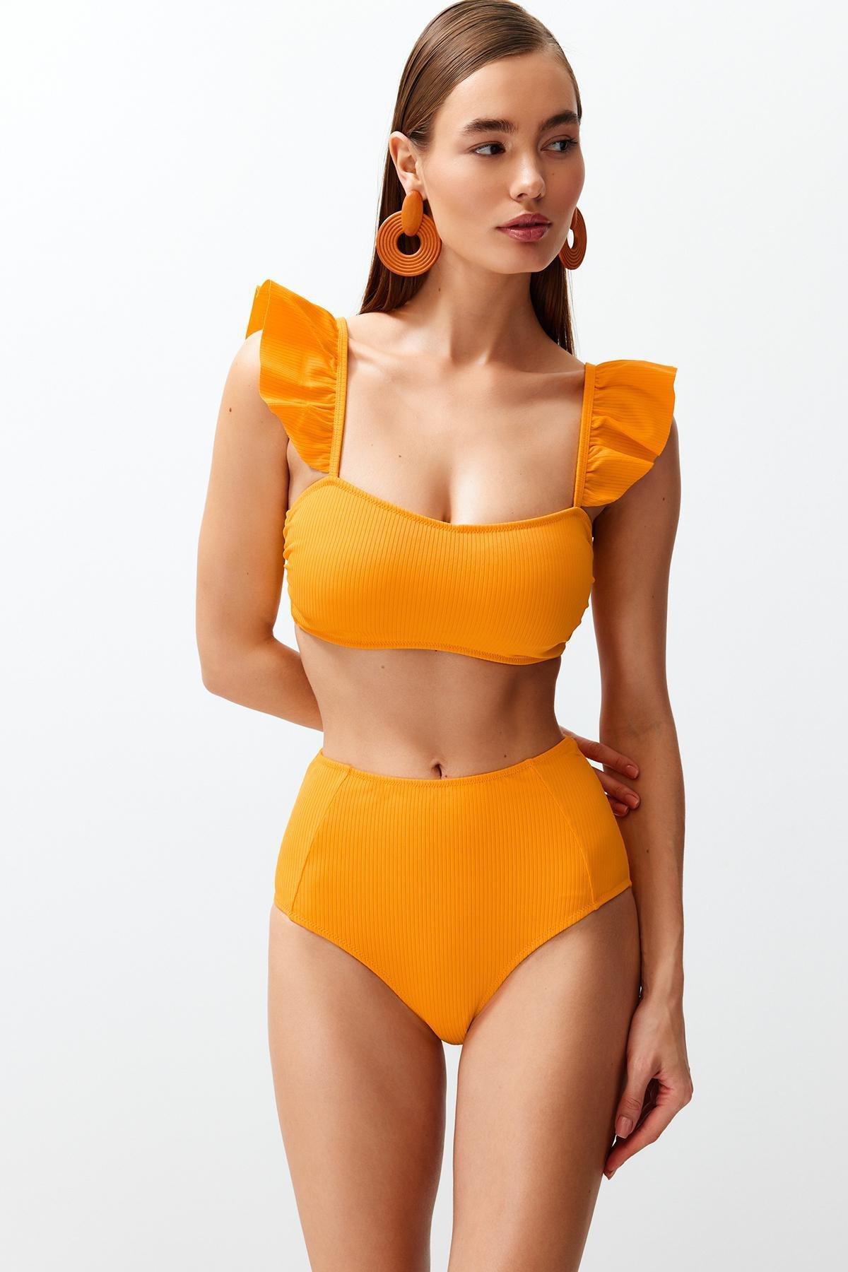 Orange Plain High Waist Bikini Set, , large image number 2