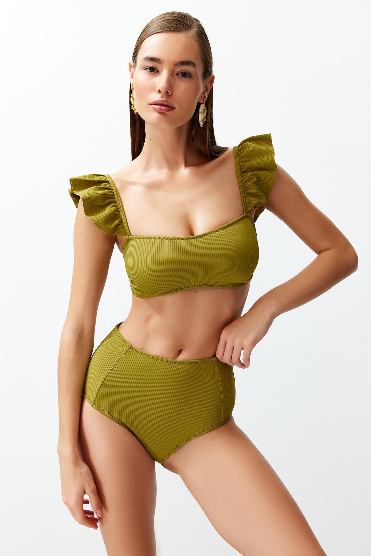 Khaki Plain Bikini Set, Green, medium