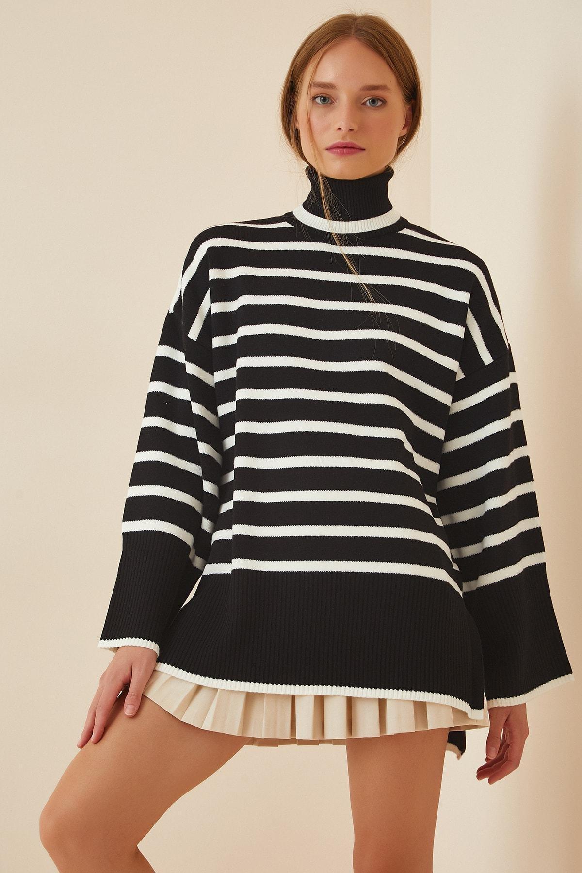 Black Striped Oversize Sweater, BLACK WHITE, large image number 0