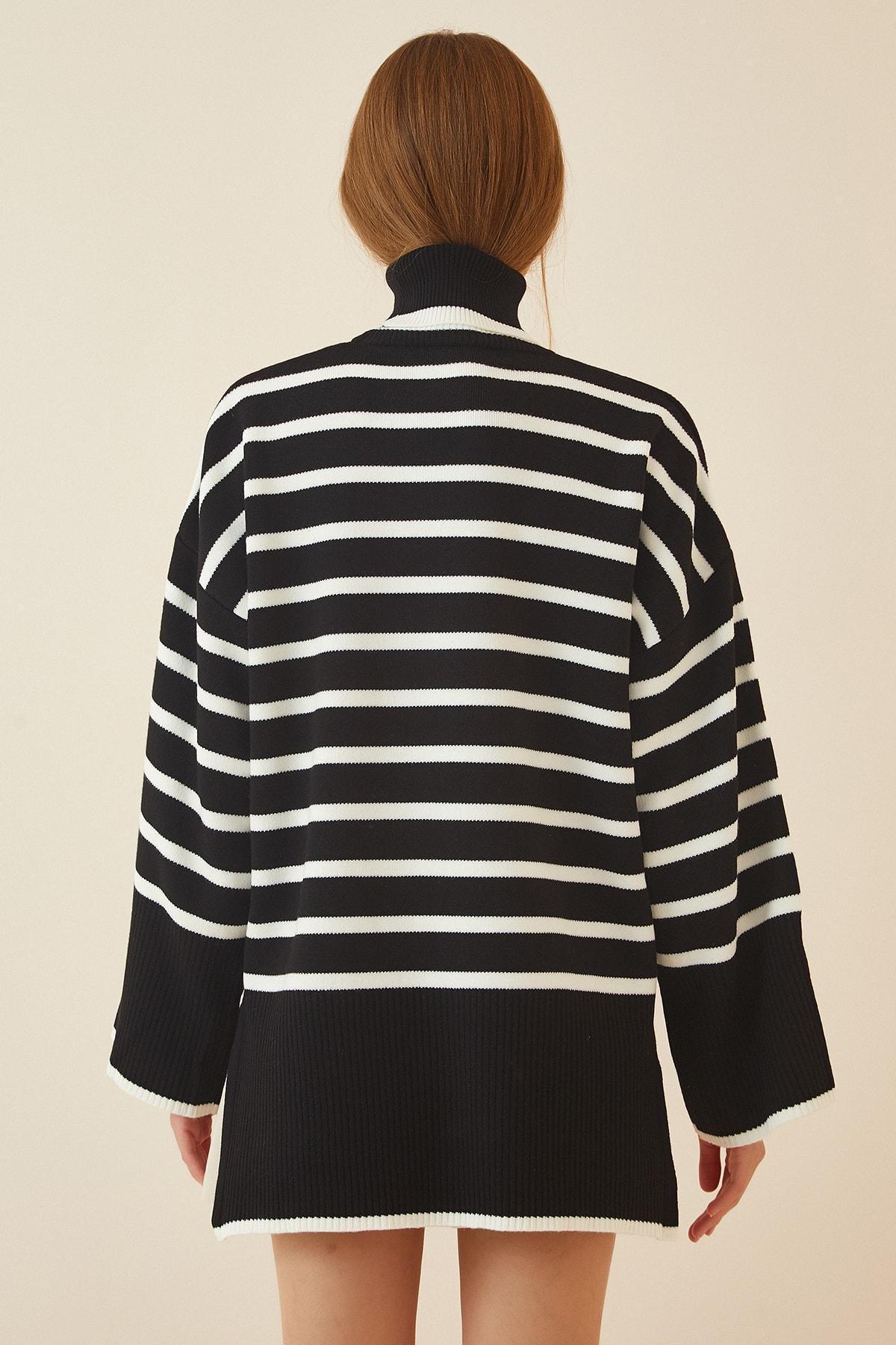 Black Striped Oversize Sweater, BLACK WHITE, large image number 3