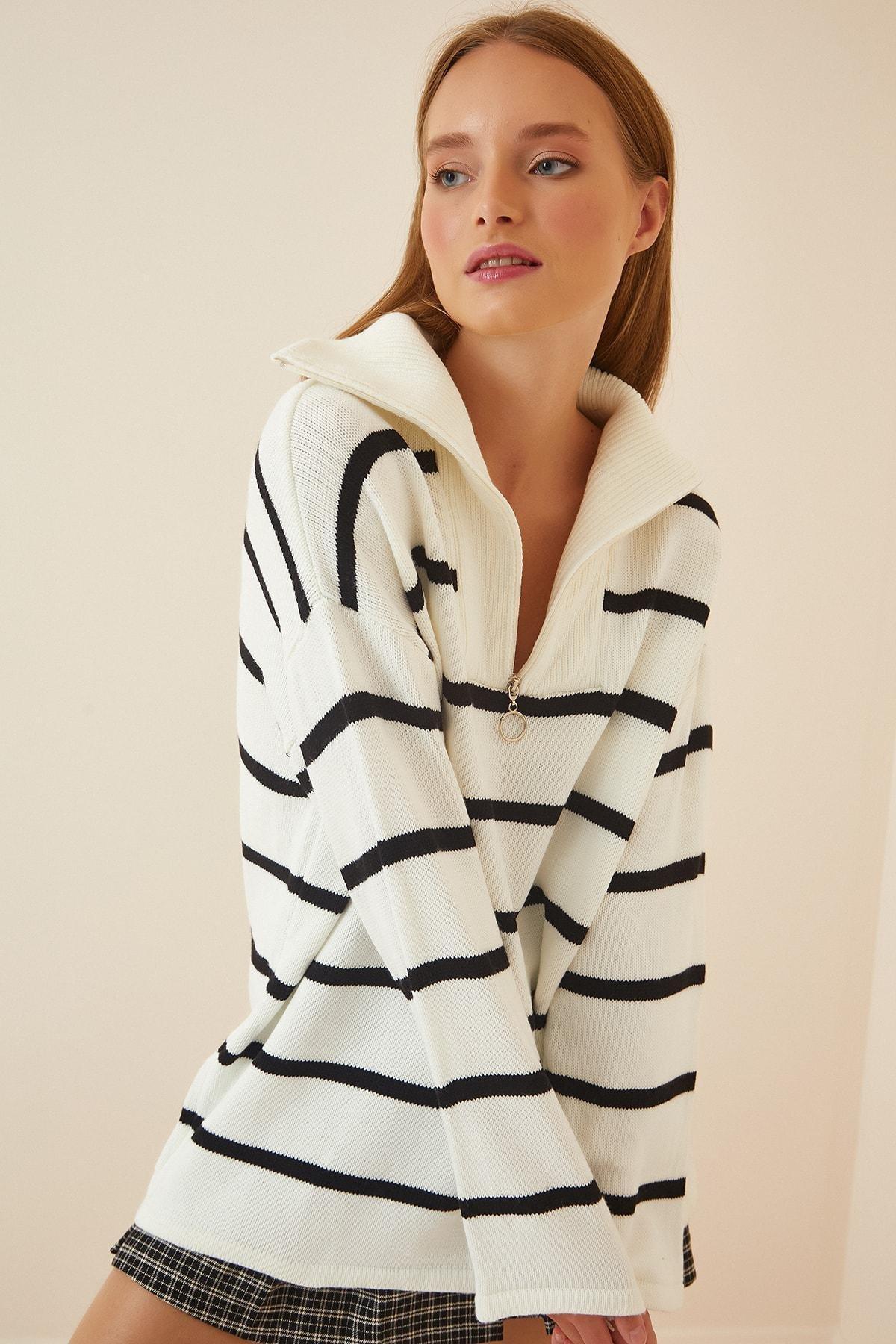 Cream Striped Oversize Sweater, , large image number 0