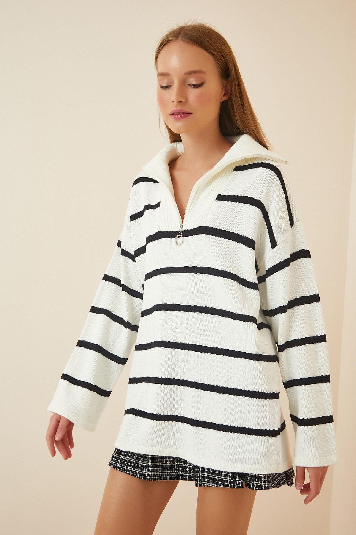 Cream Striped Oversize Sweater, , large image number 1
