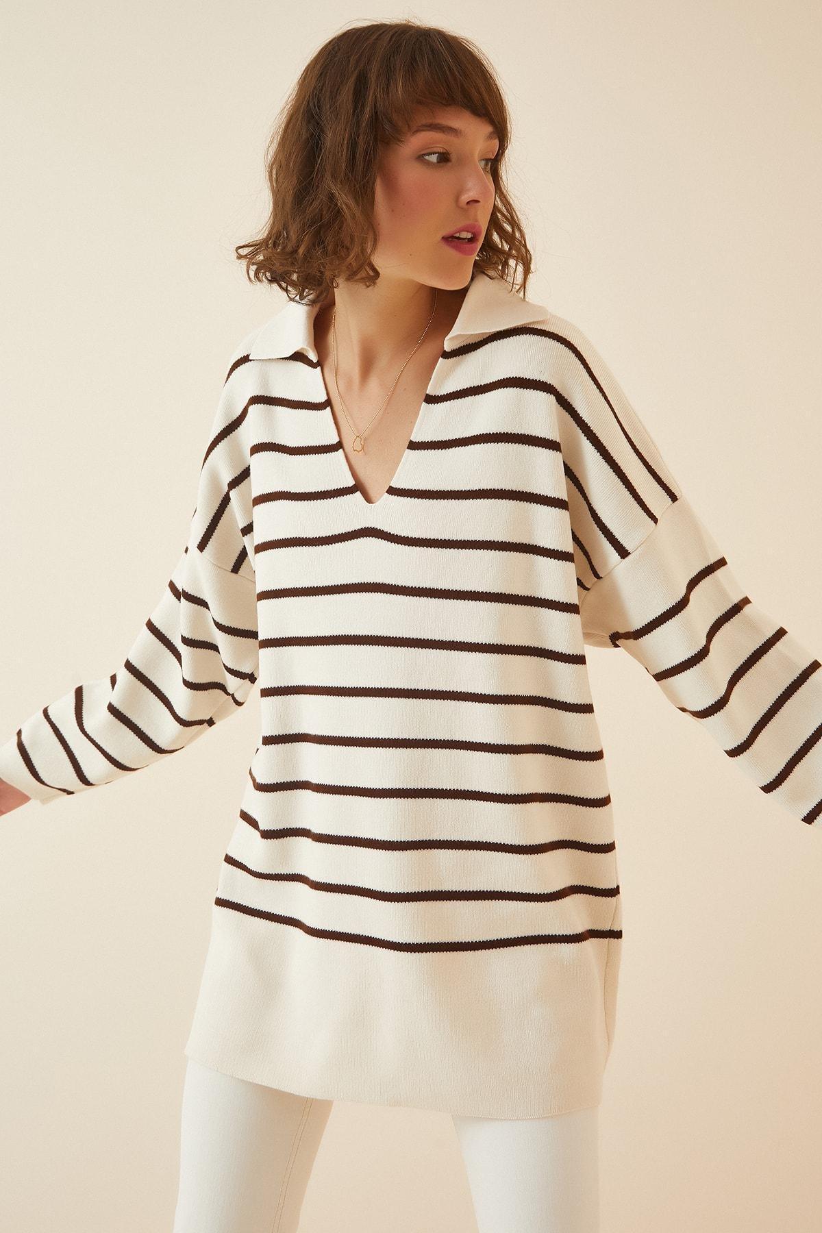Beige Striped Oversize Sweater, , large image number 0