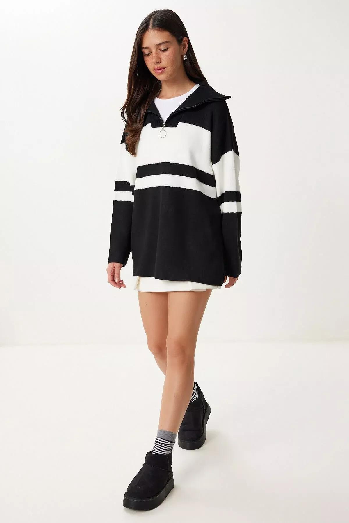 Black Striped Turtleneck Sweater, BLACK, large image number 0
