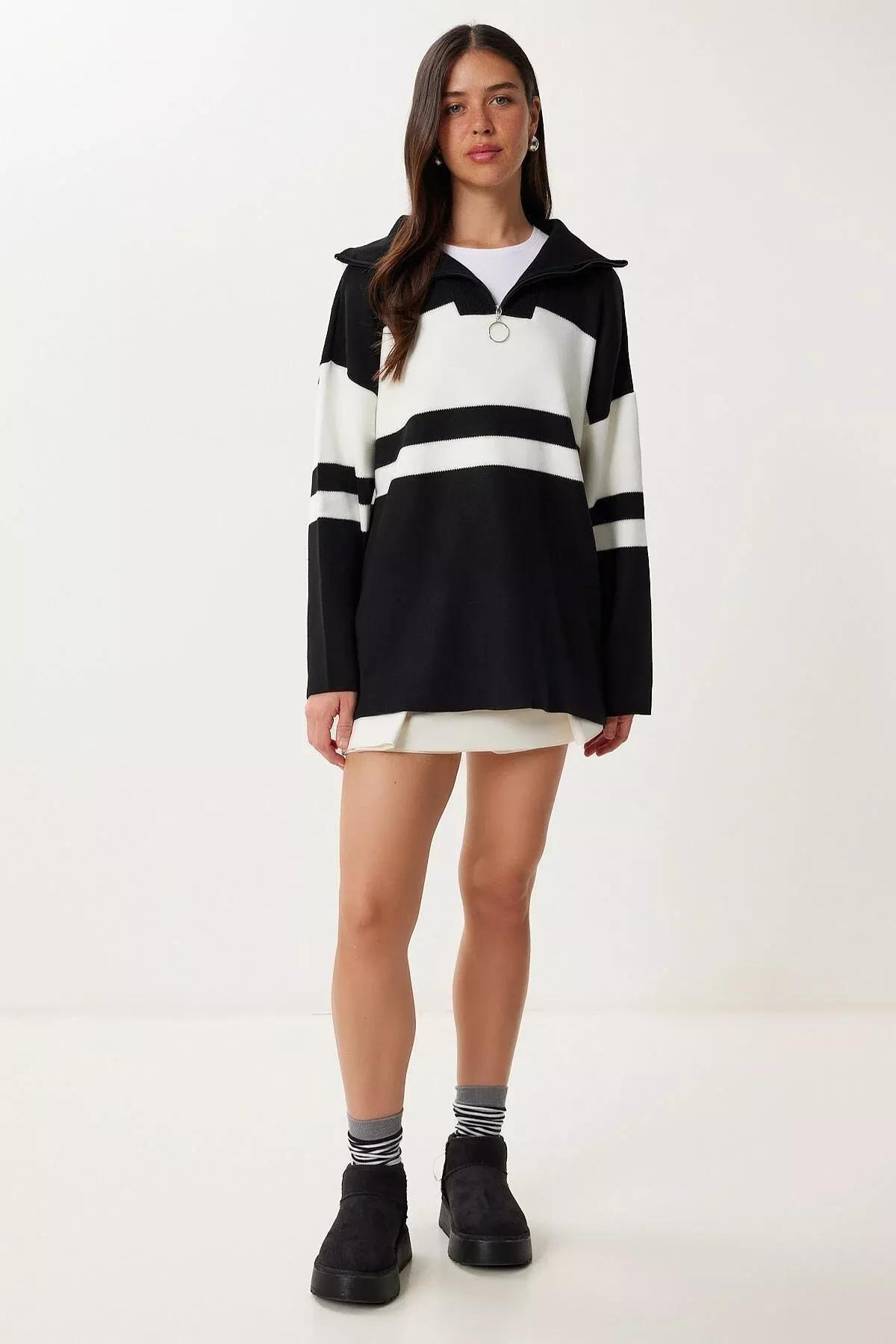 Black Striped Turtleneck Sweater, BLACK, large image number 1