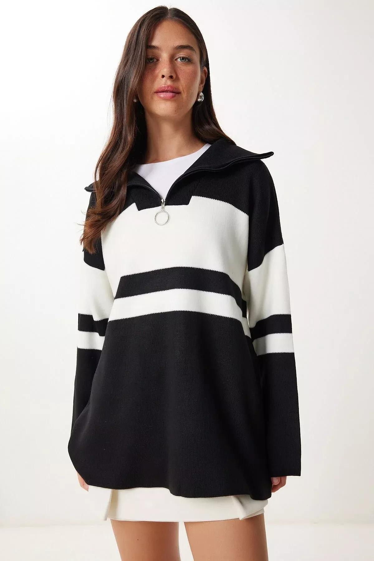 Black Striped Turtleneck Sweater, BLACK, large image number 2