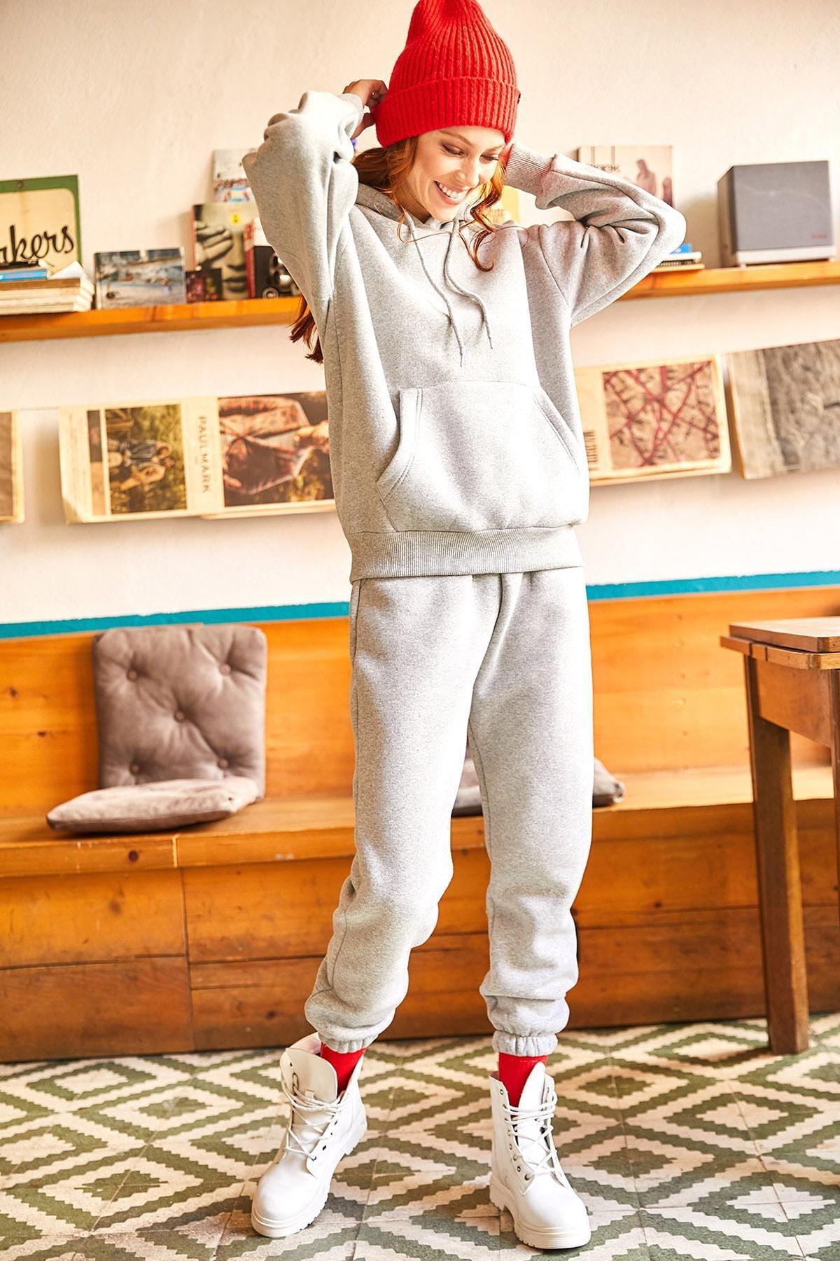 Gray Kangaroo Hooded Tracksuit Set, Grey, large image number 2