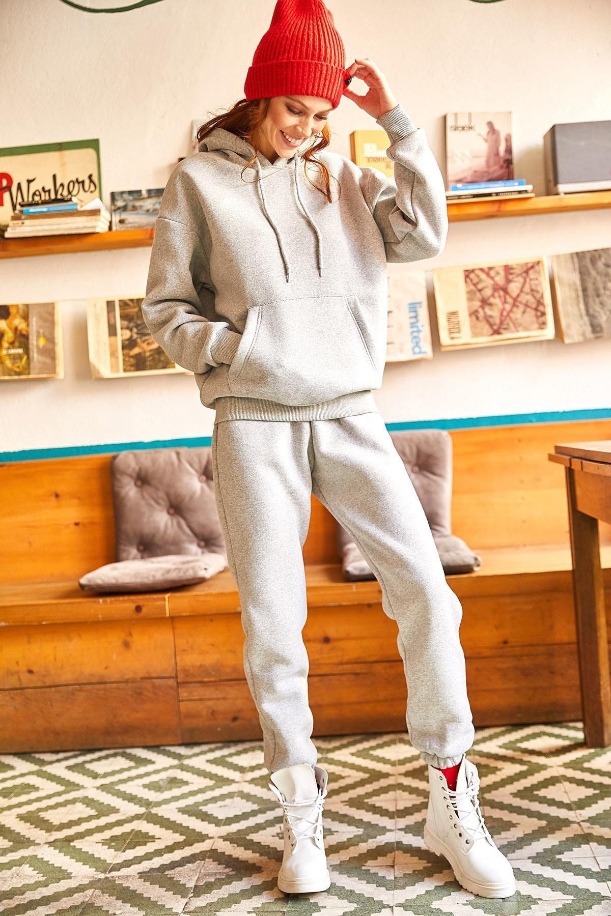Gray Kangaroo Hooded Tracksuit Set, Grey, large image number 5