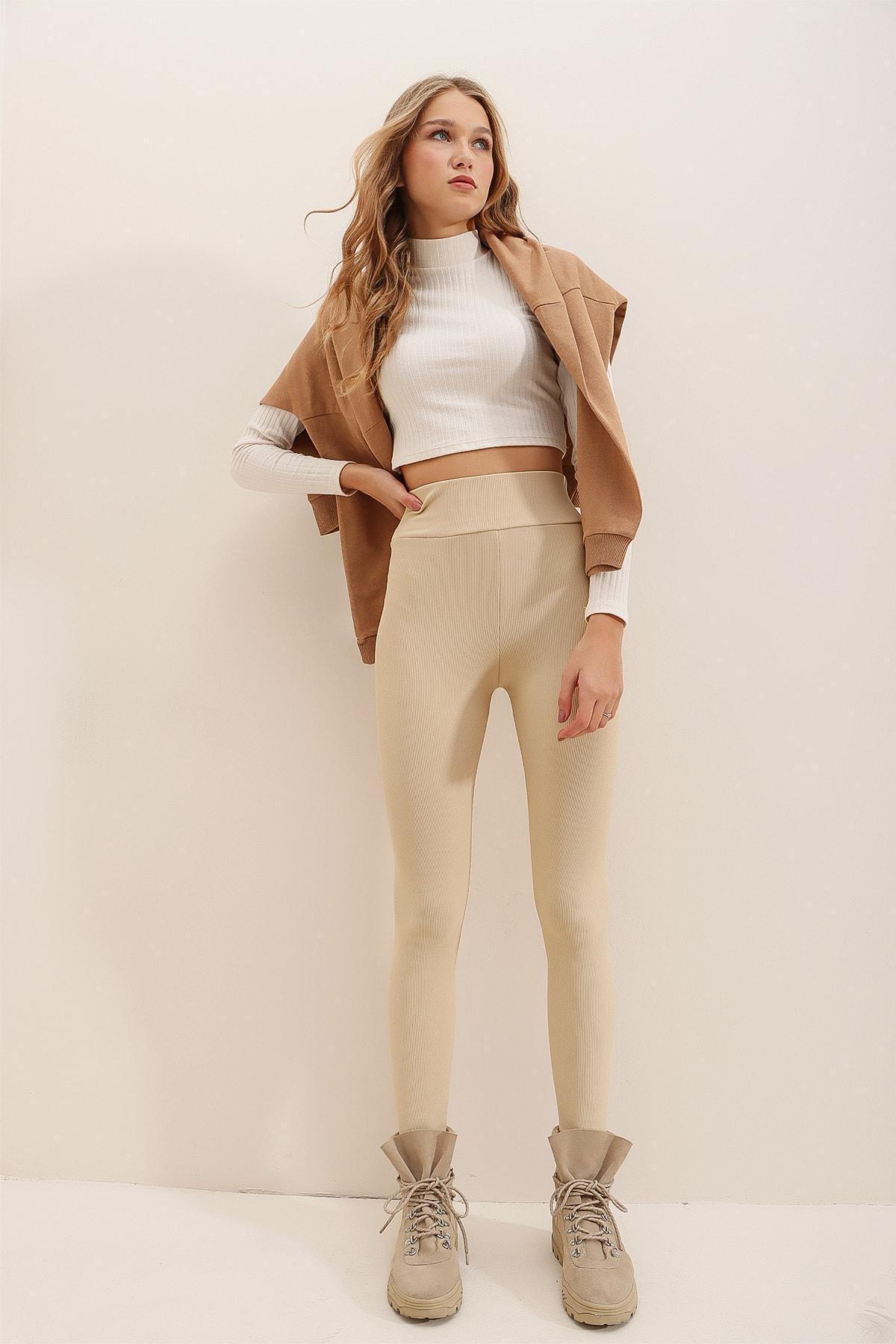 Beige High Waist Slim Leggings, , large image number 2