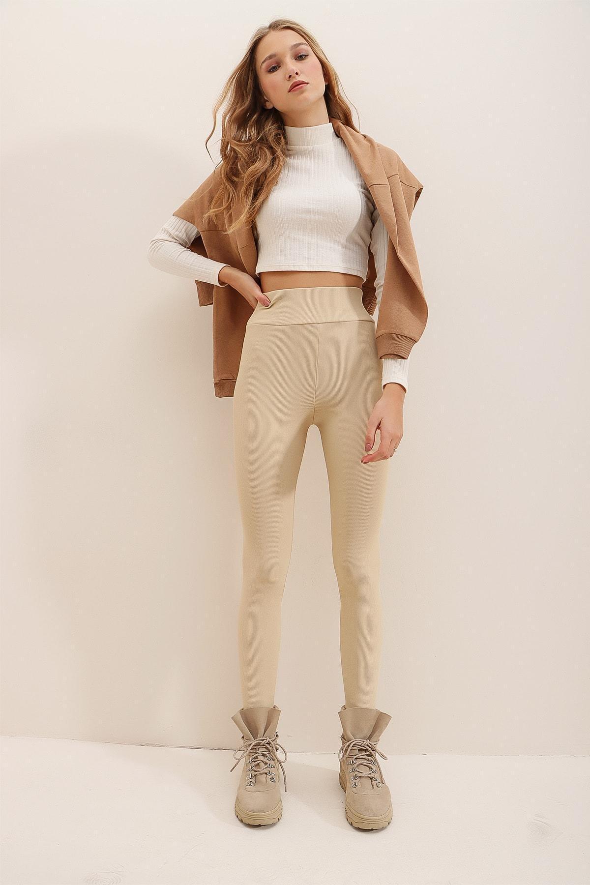 Beige High Waist Slim Leggings, , large image number 4