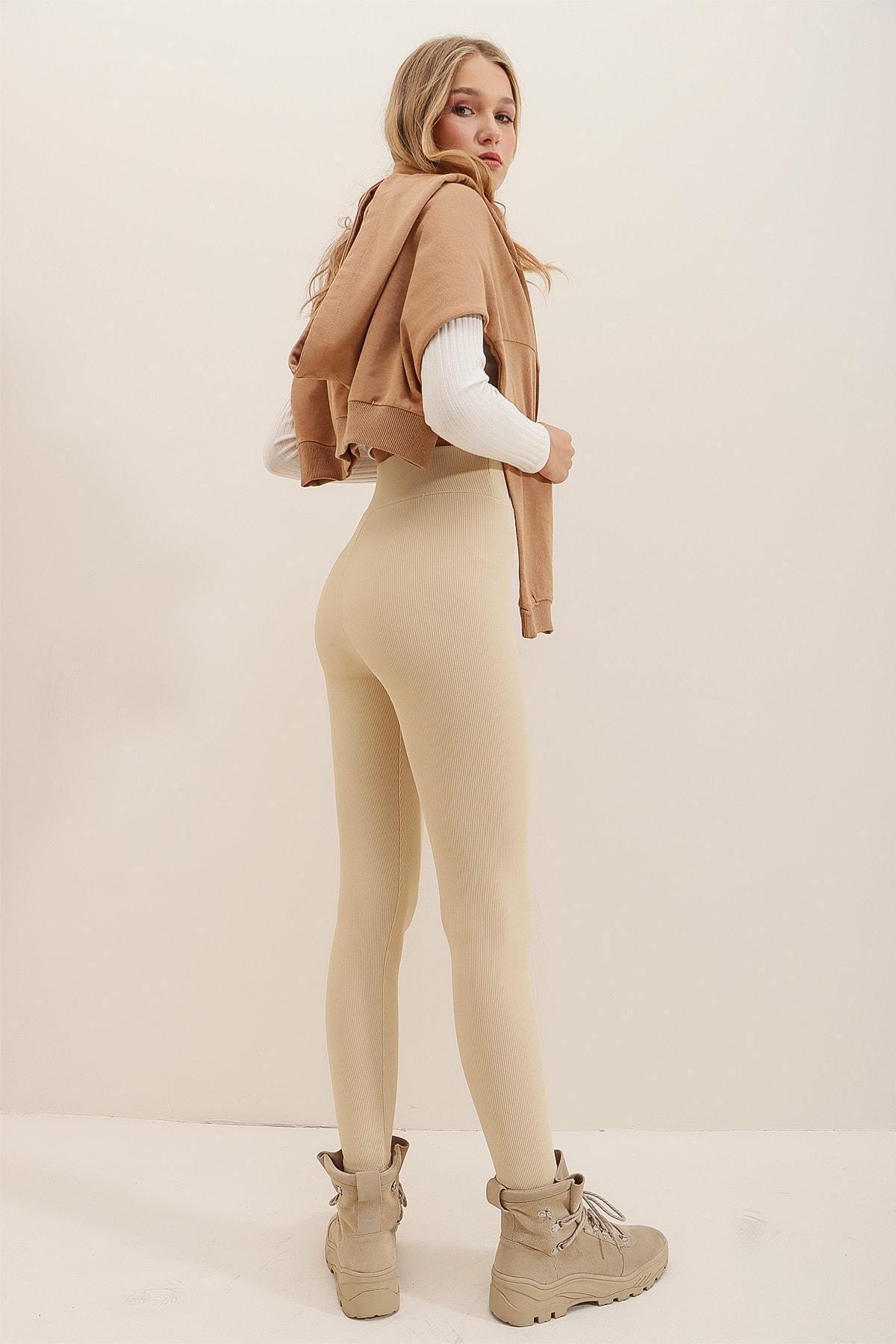 Beige High Waist Slim Leggings, , large image number 5