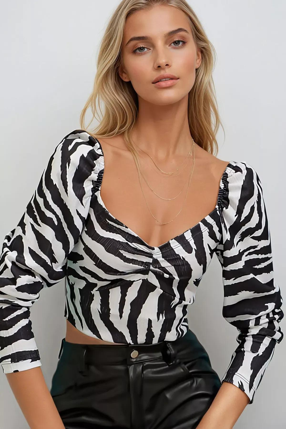 Black Animal Print Bodycon Blouse, Black, large image number 1