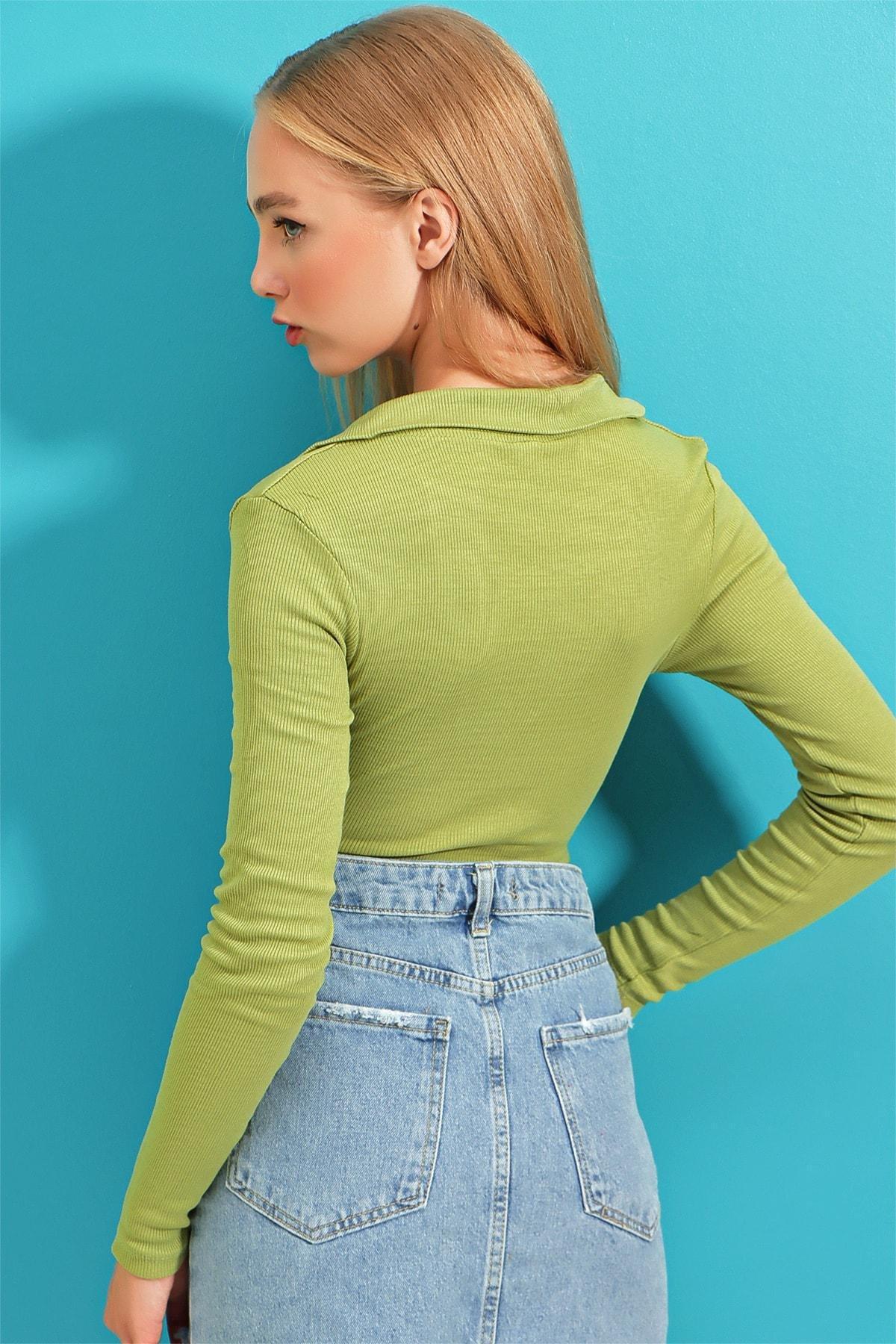 Green Turndown Collar Bodycon Top, , large image number 11