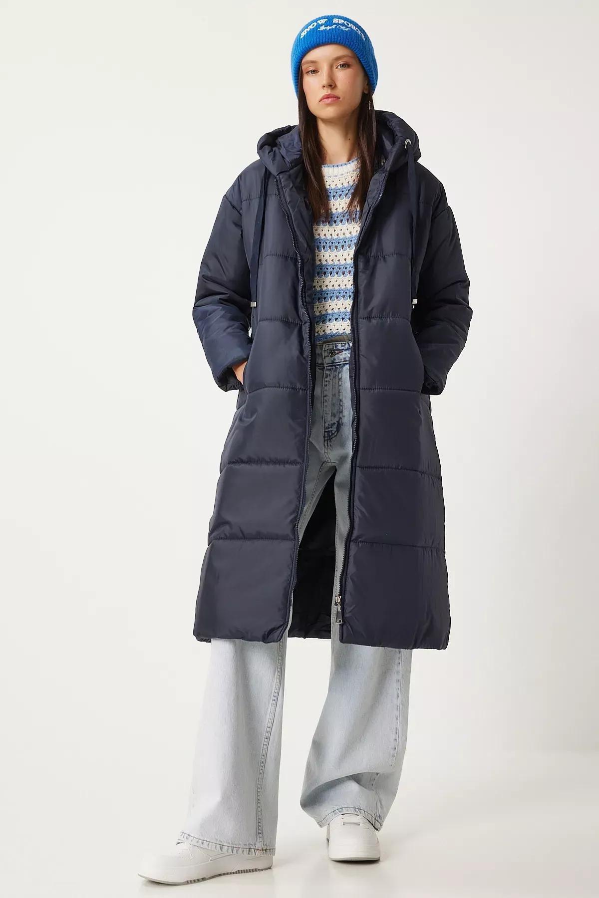 Navy Hooded Long Puffer Coat, Navy blue, large image number 0