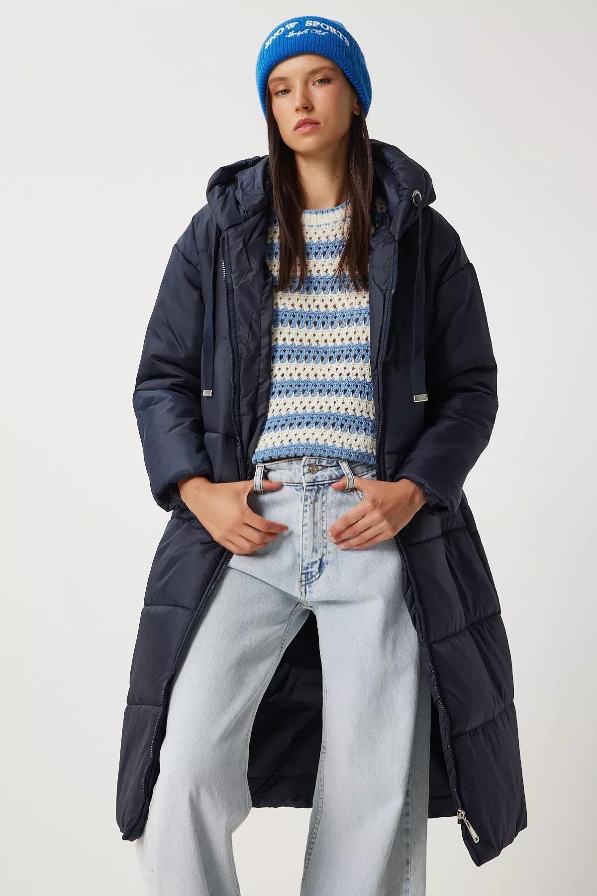 Navy Hooded Long Puffer Coat, Navy blue, large image number 1