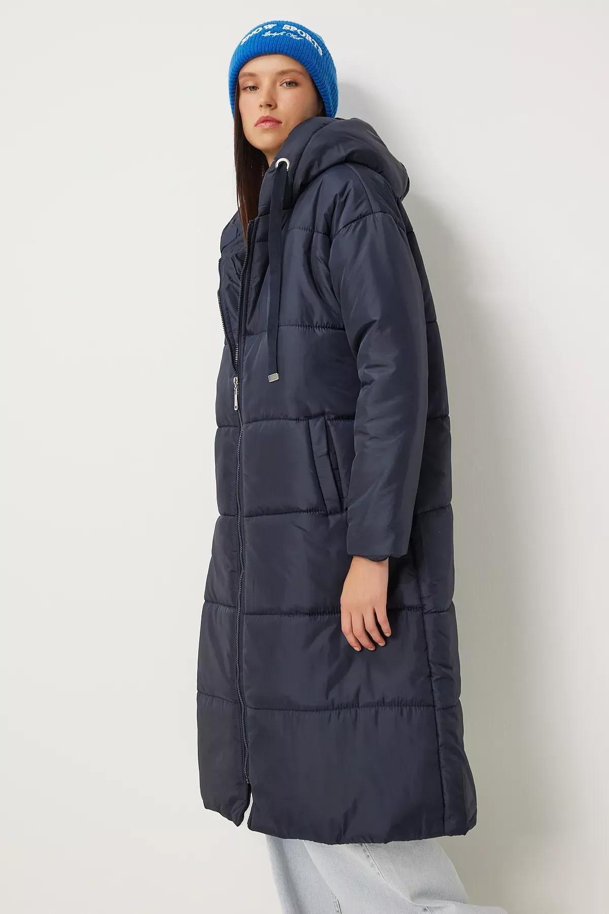Navy Hooded Long Puffer Coat, Navy blue, large image number 2
