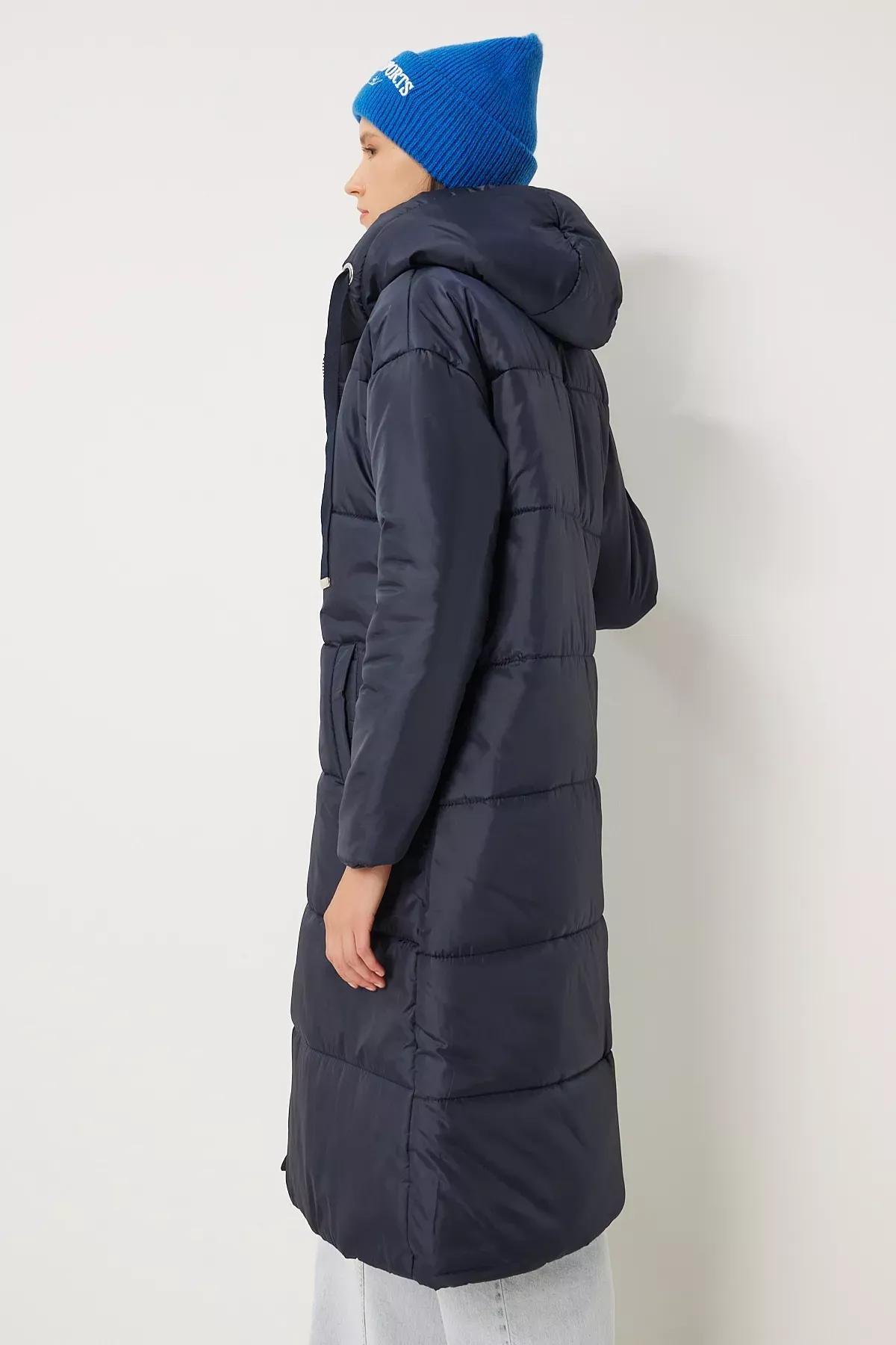 Navy Hooded Long Puffer Coat, Navy blue, large image number 3