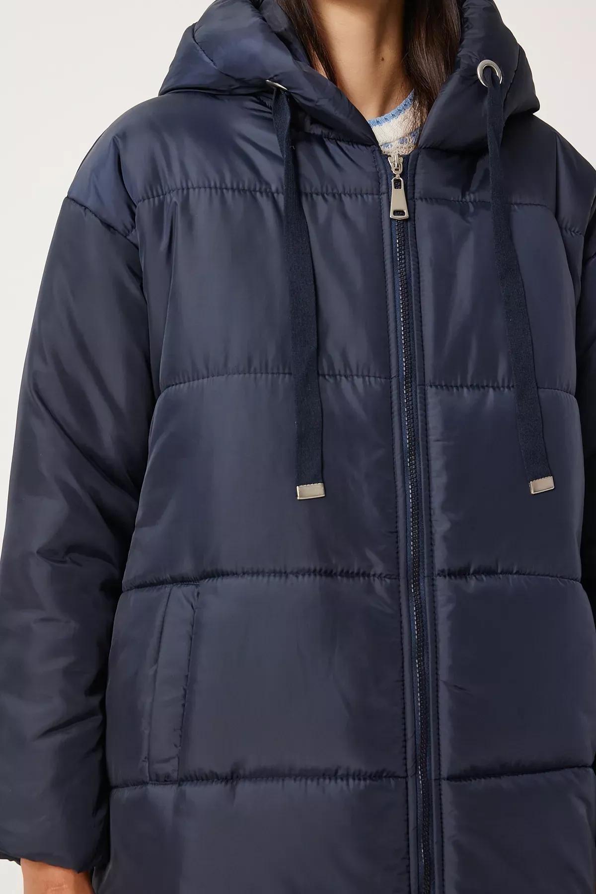 Navy Hooded Long Puffer Coat, Navy blue, large image number 4