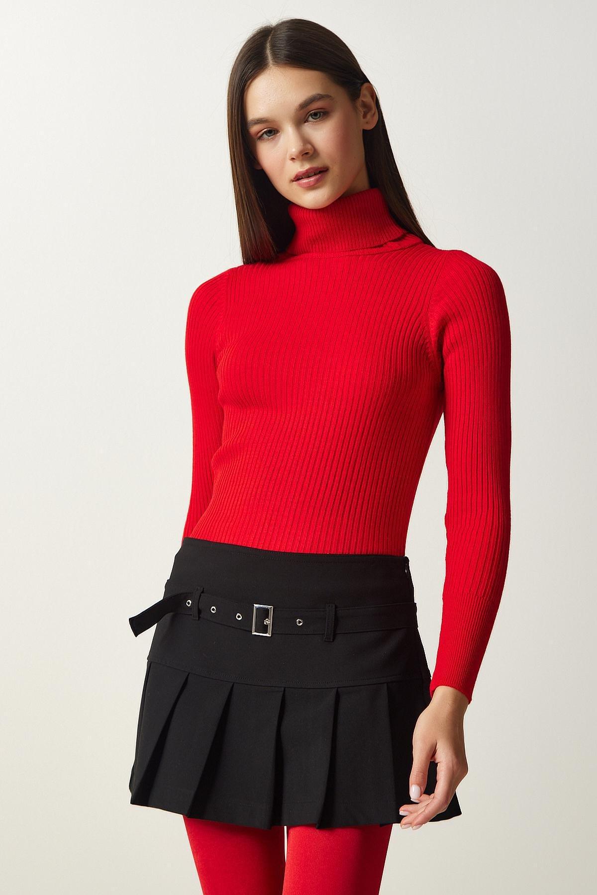 Red Turtleneck Ribbed Lycra Sweater, , large image number 0