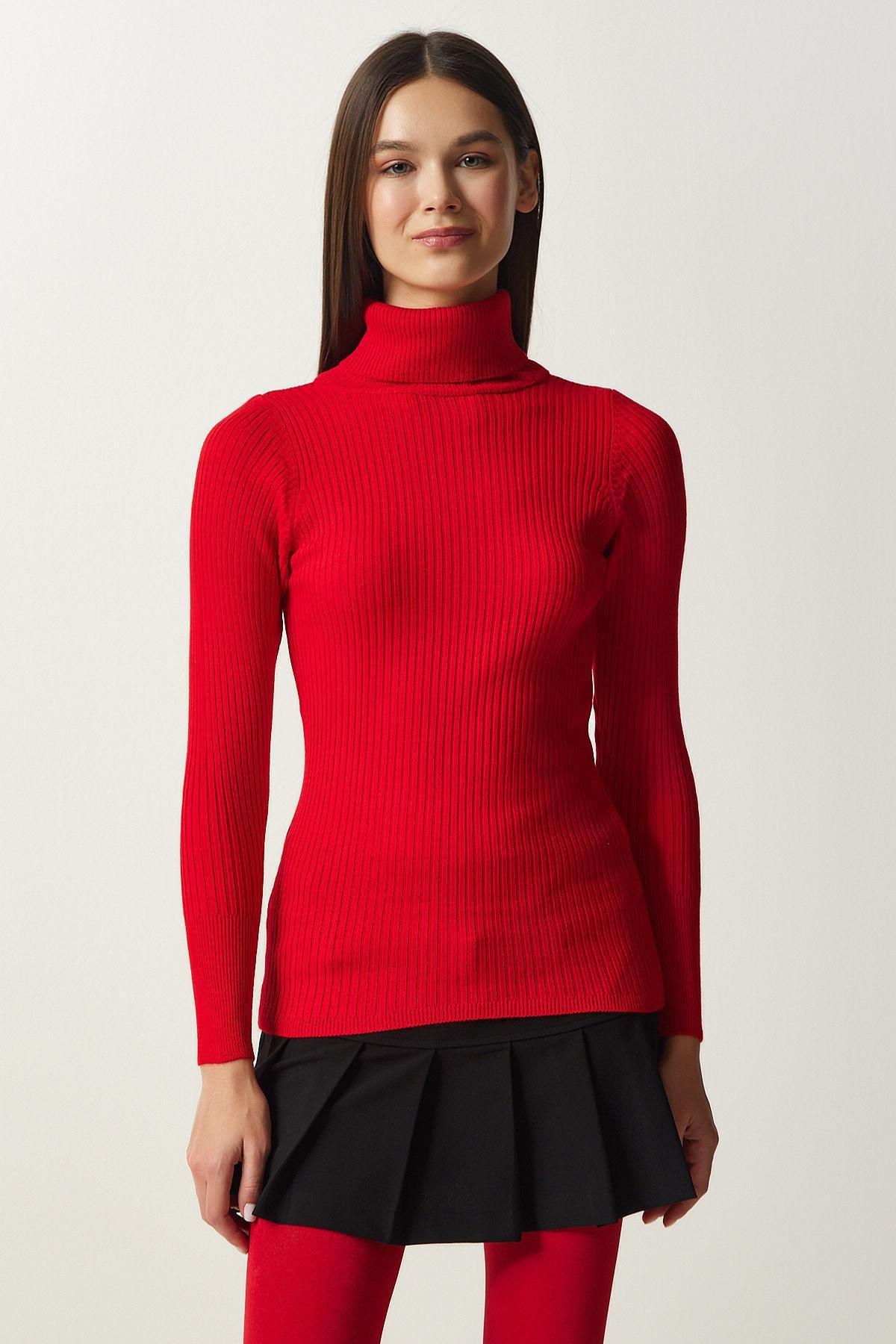 Red Turtleneck Ribbed Lycra Sweater, , large image number 1