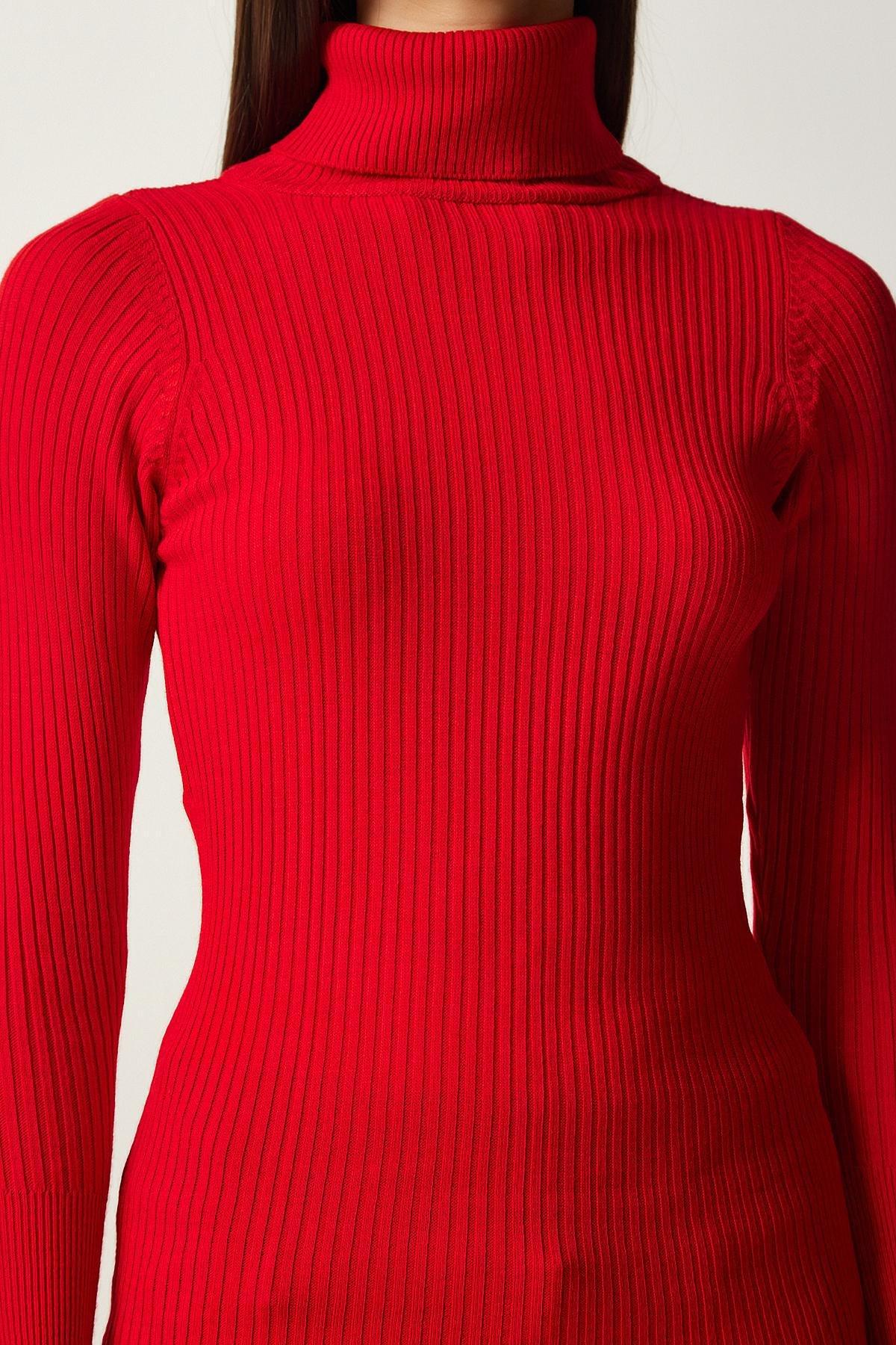 Red Turtleneck Ribbed Lycra Sweater, , large image number 2