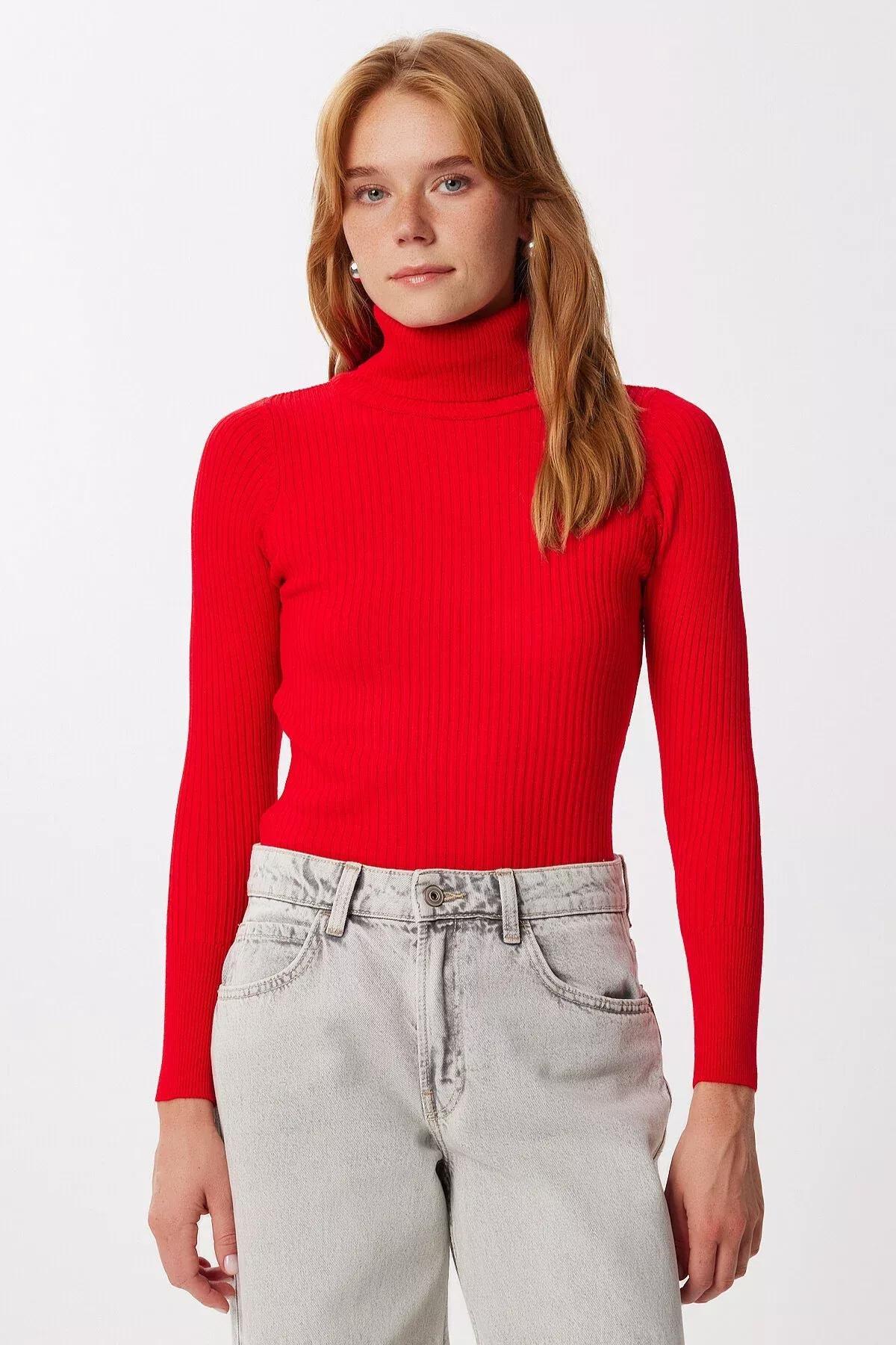 Red Turtleneck Ribbed Lycra Sweater, , large image number 2