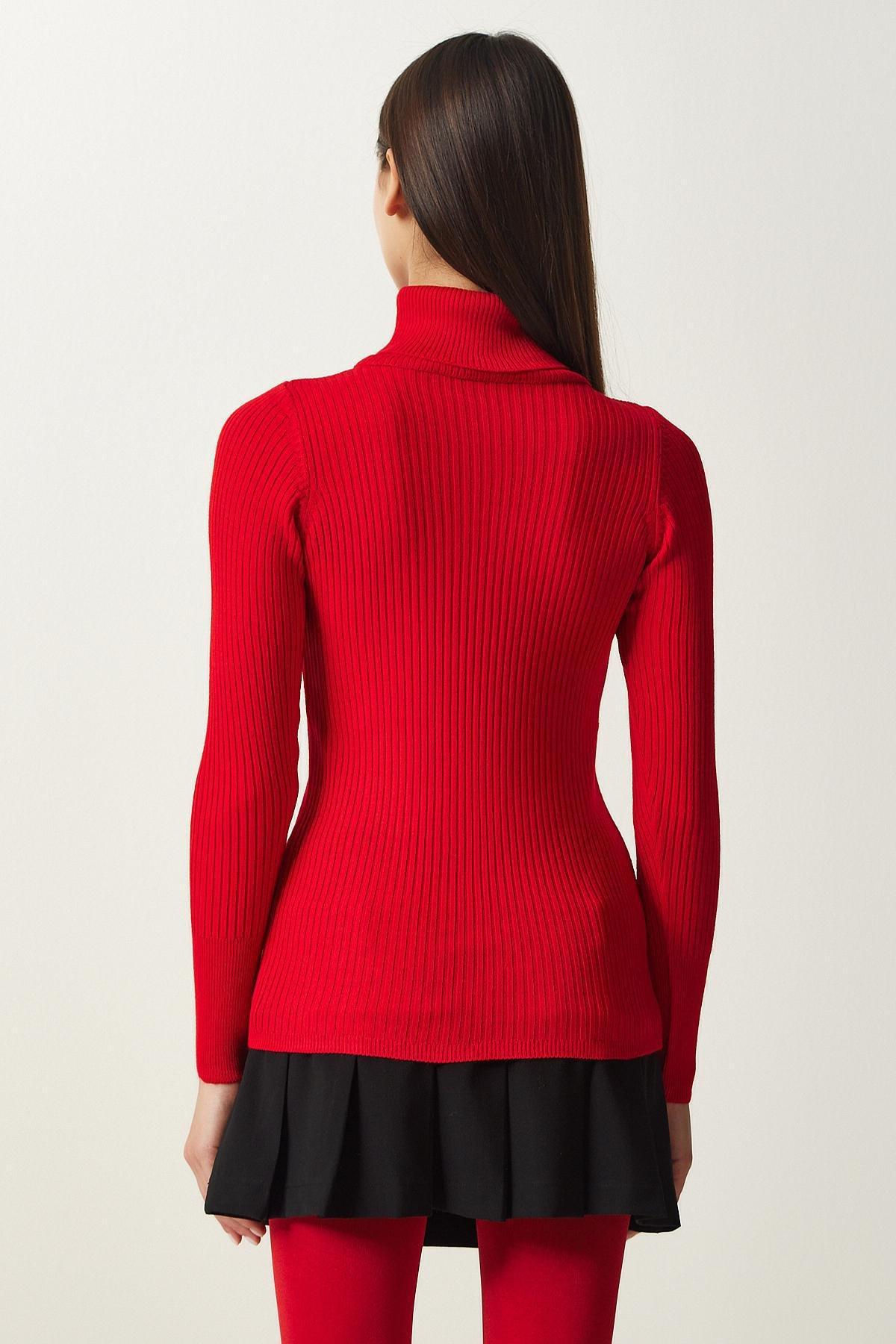 Red Turtleneck Ribbed Lycra Sweater, , large image number 4